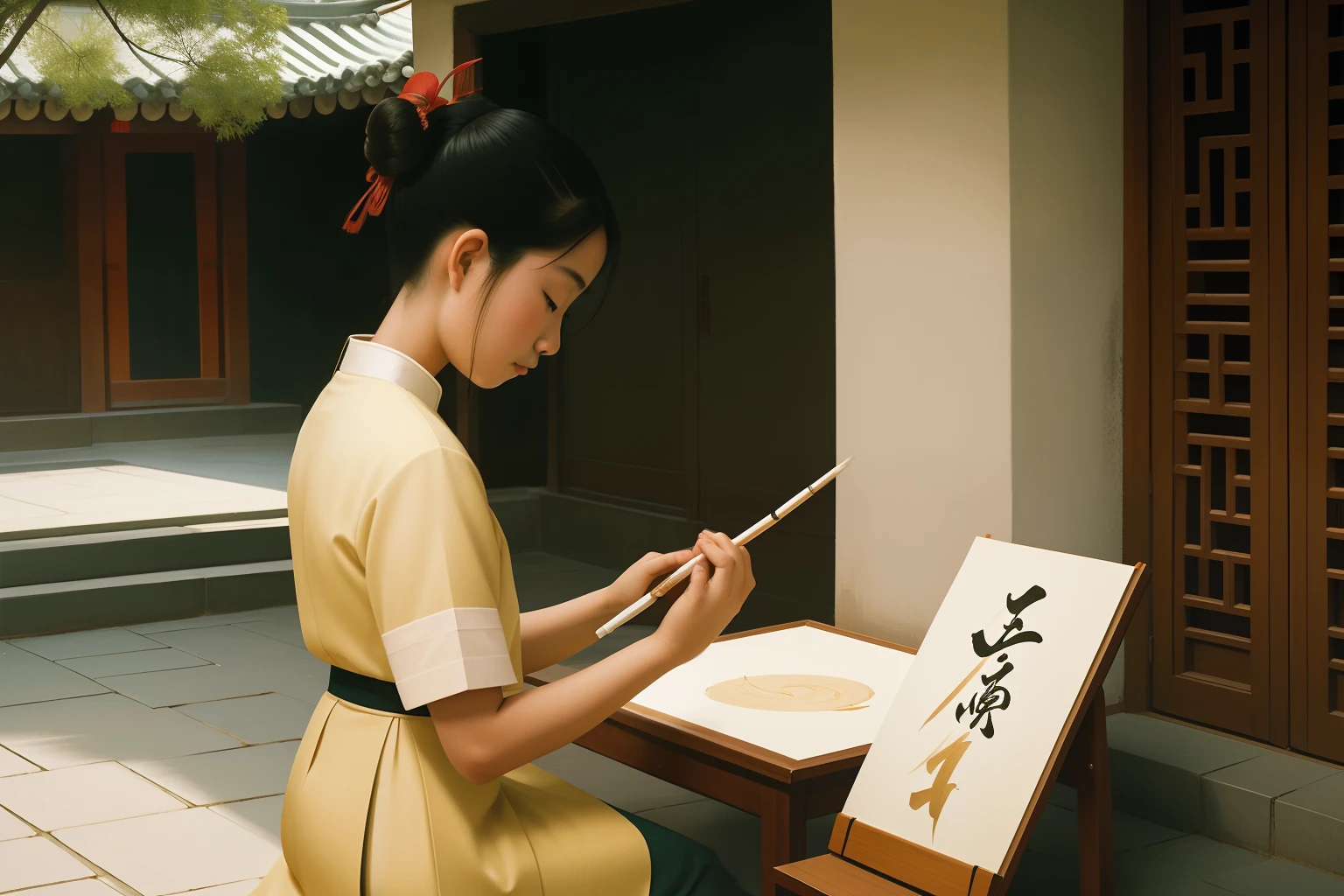 Date: 2003
Location: China
Description: A teenage calligrapher practices elegant brushstrokes in a serene Chinese courtyard, her concentrated expression embodying the mastery of art.