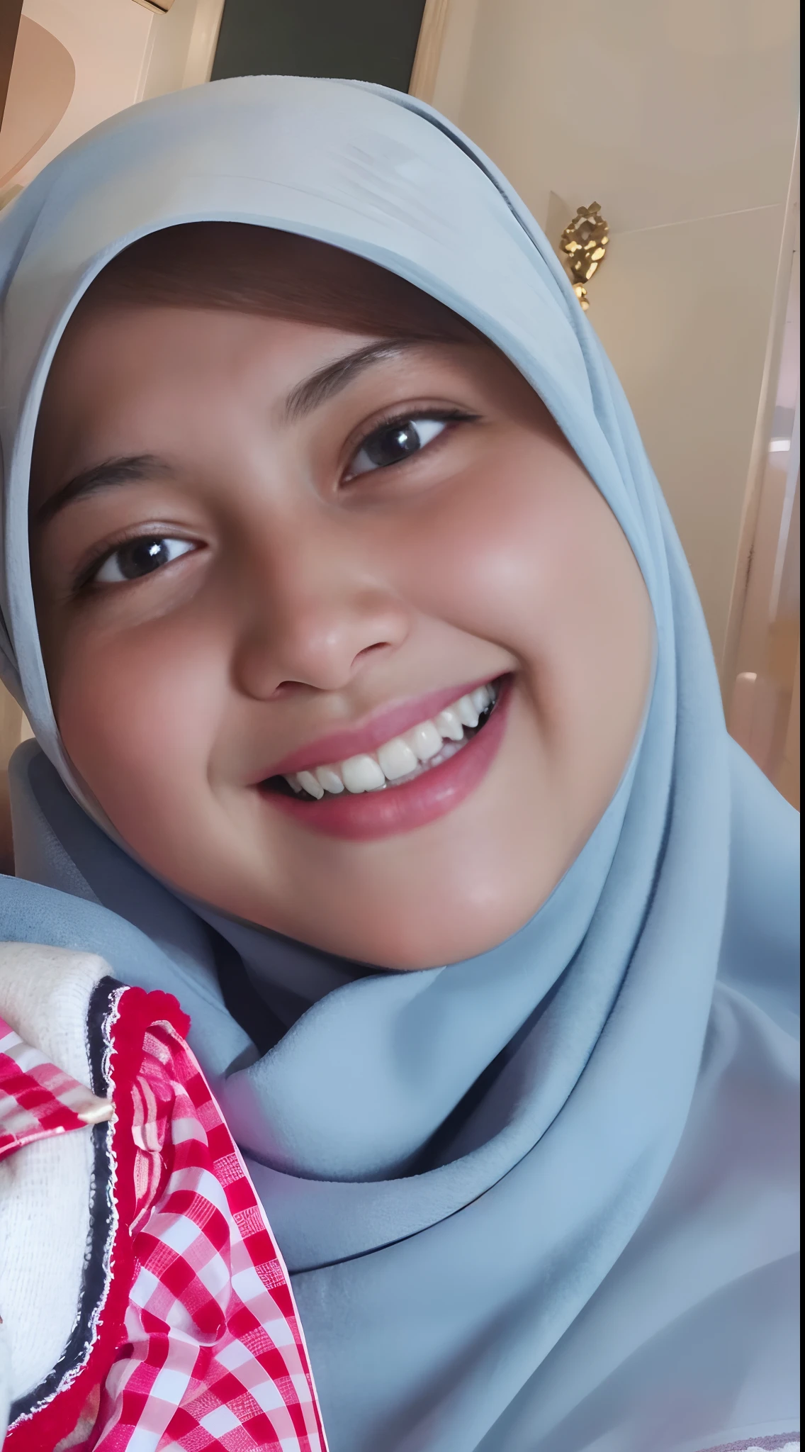 there is a woman holding a baby in her arms, faridah malik, close up potrait, friedly smile, friendly smile, with a beautifull smile, zenra taliyah, lovely smile, she is smiling, sweet smile, warm and gentle smile, picture, mutahar laughing, joyful look, smiling sweetly, inspired by Nazmi Ziya Guran