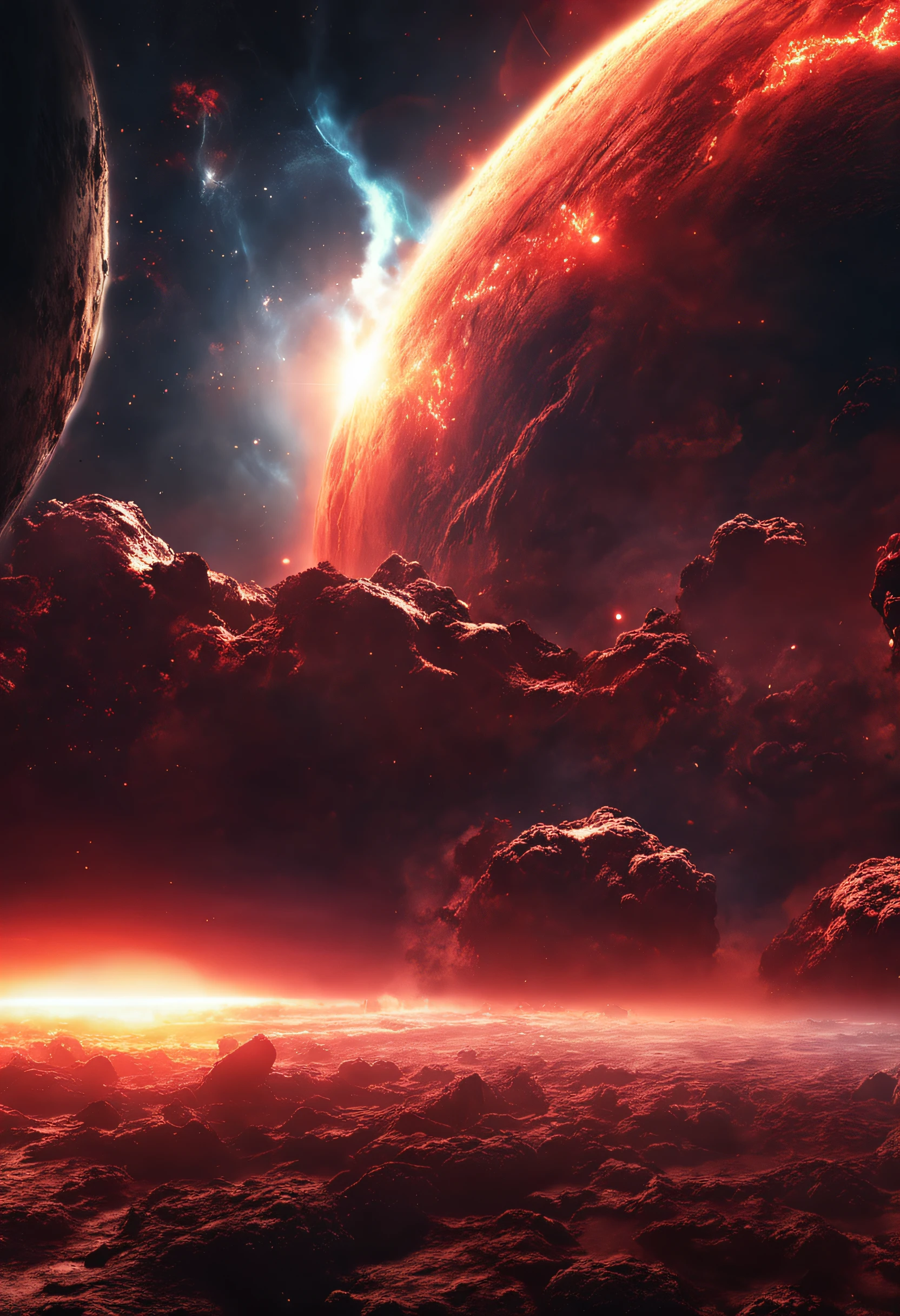 ((best quality)), ((masterpiece)), (dramatic scene), Earth and the sun as sun collapses into a black hole, (apocalyptic lighting:1.3), sun darkening as it implodes, (epic composition:1.2), Earth bathed in red light, (CG animation:1.1), flames and debris being sucked in, (urgent atmosphere:1.2), people fleeing in ships around, (cinematic mood:1.3), nebula clouds and galaxies in background, (high contrast:1.1), (8k resolution:1.0),wujie