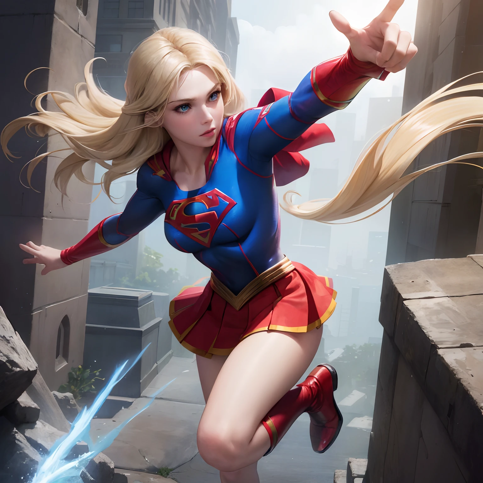 Lumine, Genshin Impact character, wearing a supergirl costume, holding a sword, cityscape of New York City, detailed realistic portrait, photorealistic, hyper detailed, 8K, masterpiece, cinematic lighting, dramatic lighting, heroic pose, dynamic action, vibrant colors, intricate details