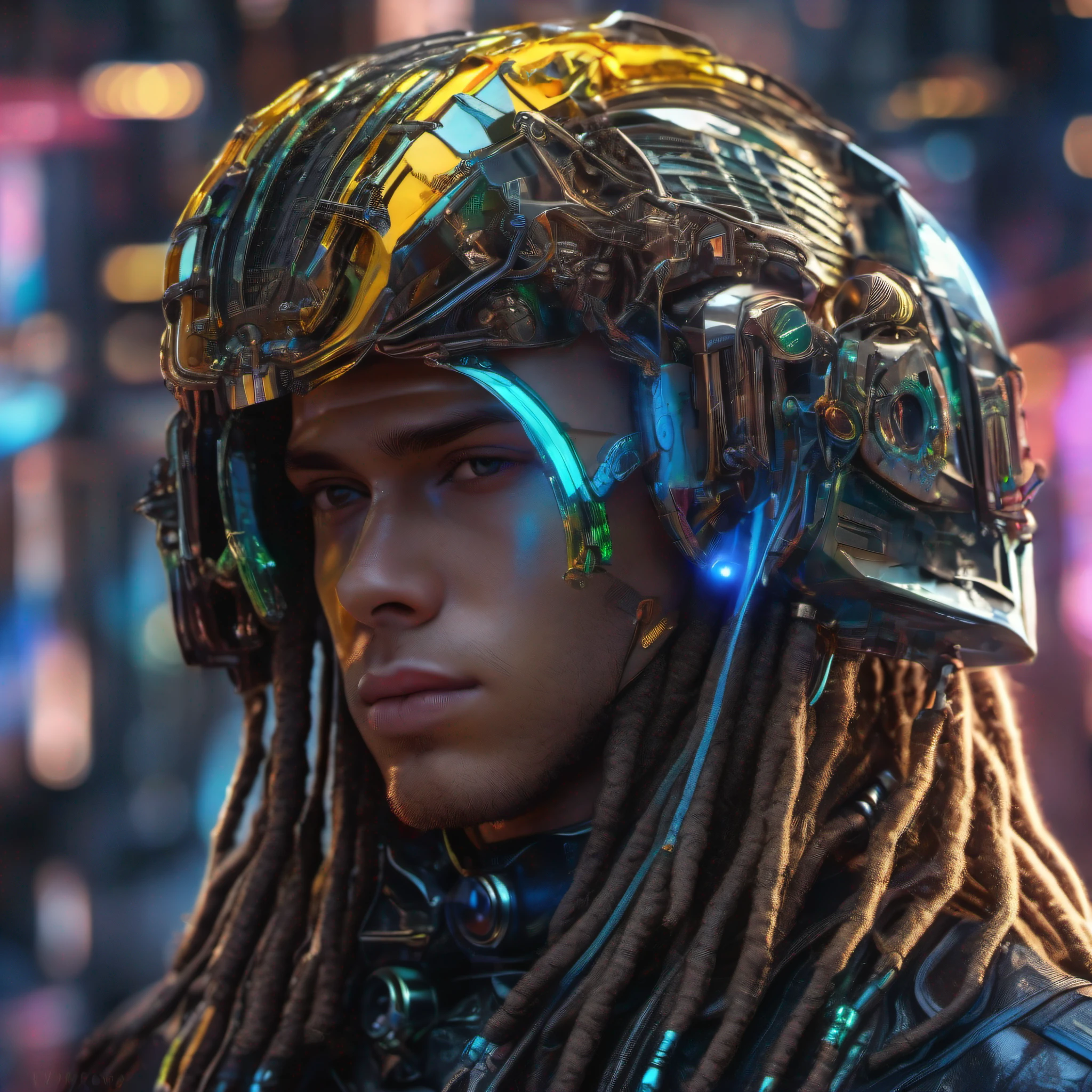 Masterpiece, Best Quality, upper-body, Close-up of a fantastical-looking young cyborg guy wearing a fantastic dreadlocks cyber helmet, neon inserts made of glass and metal, In a glossy color with elegant details, HDR, Ray Tracing, Rich details of light and shadow, exterior, Extremely detailed, Random camera angle