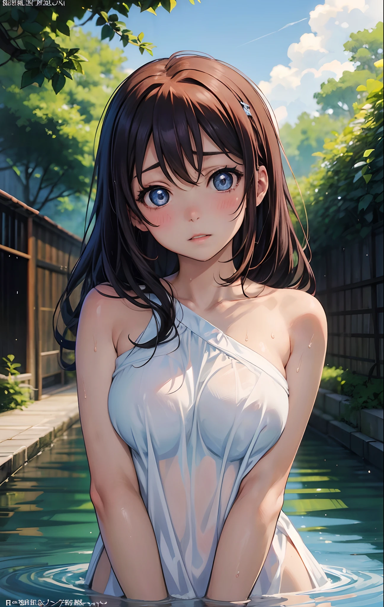 Kousaka honoka, blue eyes, ((naked)) , sexy breasts,solo, standing, embarrassed, standing,wet, solo,(upper body), cover, face close up