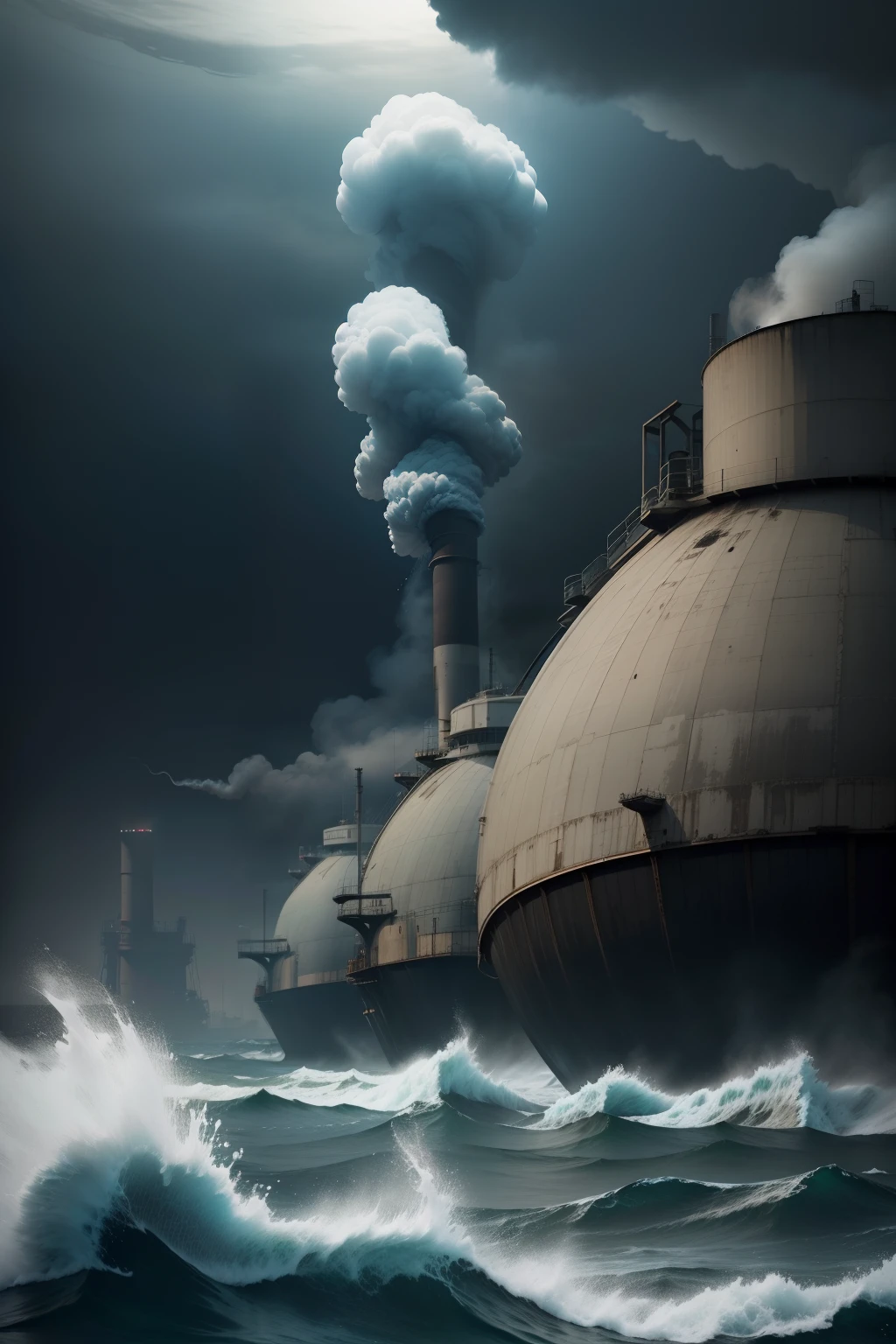 Turbid oceans,Dark skies,Smoky miasma factory,Huge and ugly fish,Mutated sea creatures,The environment is seriously polluted,Poster opposing the discharge of nuclear wastewater