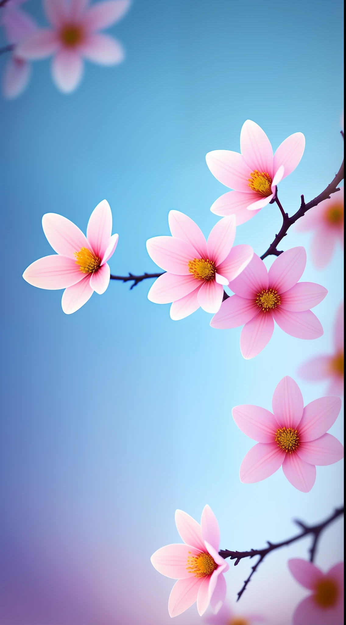 Close-up of a bouquet of flowers on a branch,paul barson,Simple background in warm colors,Light blue petals,blossoms,beautiful digital artworks,beautiful digital art,flowers and blossoms,surreal waiizi flowers,beautiful flowers,flowers in full bloom,flowers with intricate detail,Incredibly beautiful,beautiful art,beautiful composition 3 - d 4 k,gorgeous digital art,SakuraNS