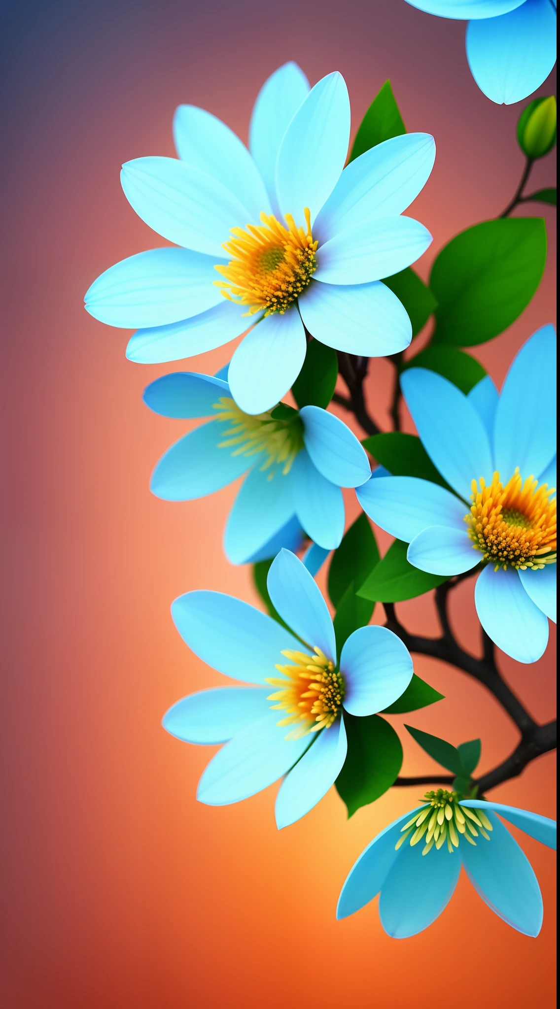 Close-up of a bouquet of flowers on a branch，paul barson，Simple background in warm colors，Light blue petals，blossoms，beautiful digital artworks，beautiful digital art，flowers and blossoms，surreal waiizi flowers，beautiful  flowers，flowers in full bloom，flowers with intricate detail，Incredibly beautiful，beautiful art，beautiful composition 3 - d 4 k，gorgeous digital art，SakuraNS