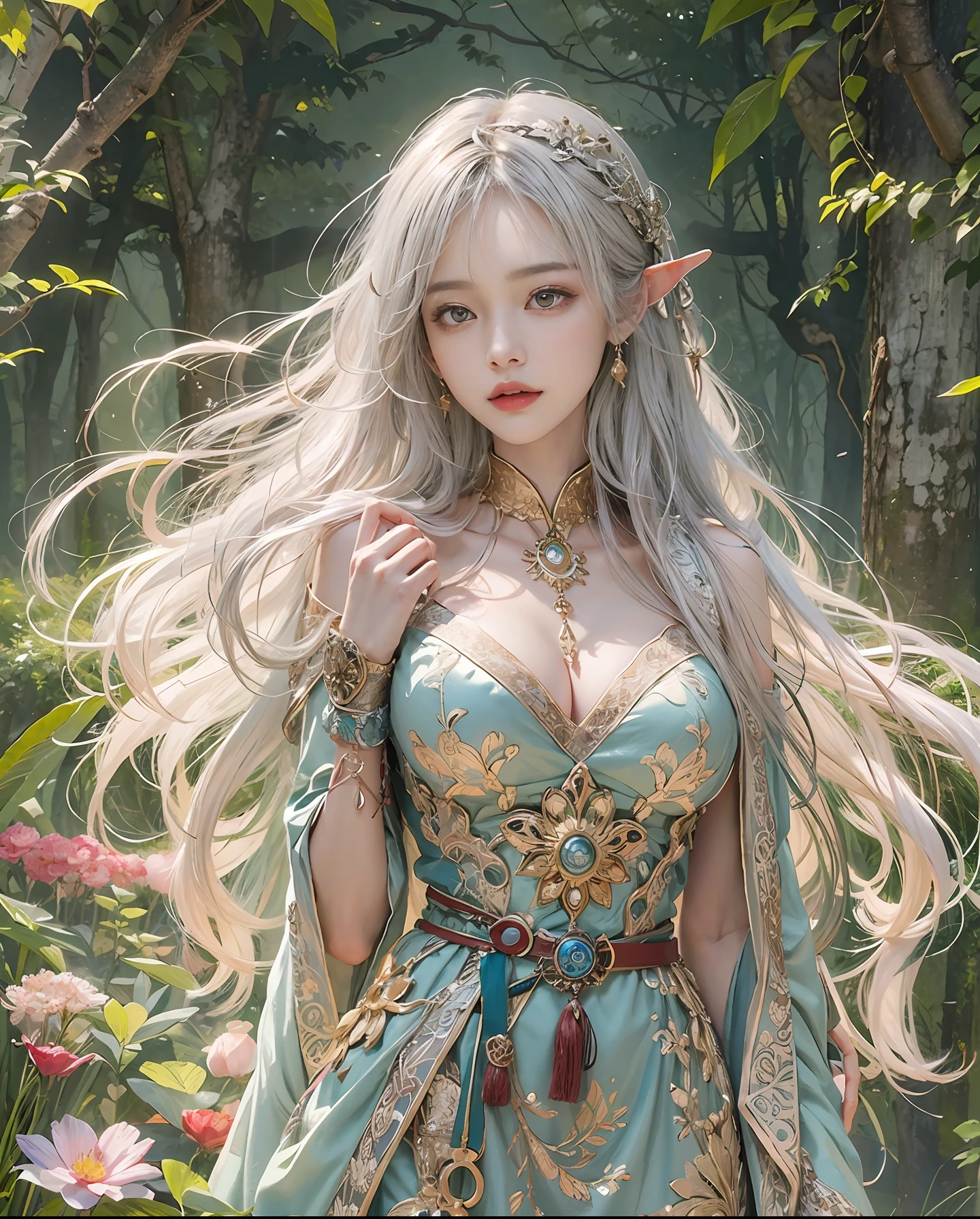 Official art、highelf、The background is an ancient forest temple、Lush forests with lots of fruit、You can see many mysterious landscapes surrounded by many animals.、With a beautiful woman in a robe with open chest、PerfectNwsjMajic,(masterpiece、top-quality、top-quality、Official art、Beautifully Aesthetic:1.2)、(1girl in)、ighly detailed、colourfull、highestdetailed、Official art、Unity 8k壁纸、ultra-detailliert、Beautifully Aesthetic、Beautiful face in detail、masterpiece、top-quality、(Zentangle、a Mandala、Tangles、Entanglement)、Holy Light、pure、There are also resilient messages, Overcoming and hope. Breasts are small and B size、A slender、The chest is open、Eyes are double(A detailed eye), Beautifully detailed、Hair that flutters in the wind、Beautiful silver hair、Gradient hair color、eye color is golden、high-heels、Gold Anklet、beautifull detailed face、