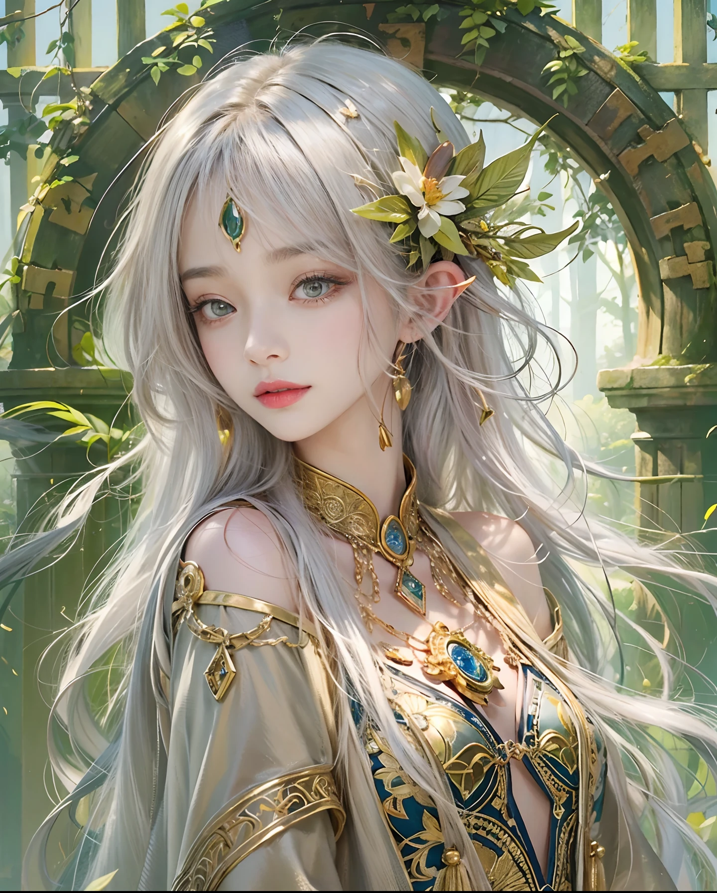Official art、highelf、The background is an ancient forest temple、Lush forests with lots of fruit、You can see many mysterious landscapes surrounded by many animals.、With a beautiful woman in a robe with open chest、PerfectNwsjMajic,(masterpiece、top-quality、top-quality、Official art、Beautifully Aesthetic:1.2)、(1girl in)、ighly detailed、colourfull、highestdetailed、Official art、Unity 8k壁纸、ultra-detailliert、Beautifully Aesthetic、Beautiful face in detail、masterpiece、top-quality、(Zentangle、a Mandala、Tangles、Entanglement)、Holy Light、pure、There are also resilient messages, Overcoming and hope. Breasts are small and B size、A slender、The chest is open、Eyes are double(A detailed eye), Beautifully detailed、Hair that flutters in the wind、Beautiful silver hair、Gradient hair color、eye color is golden、high-heels、Gold Anklet、beautifull detailed face、