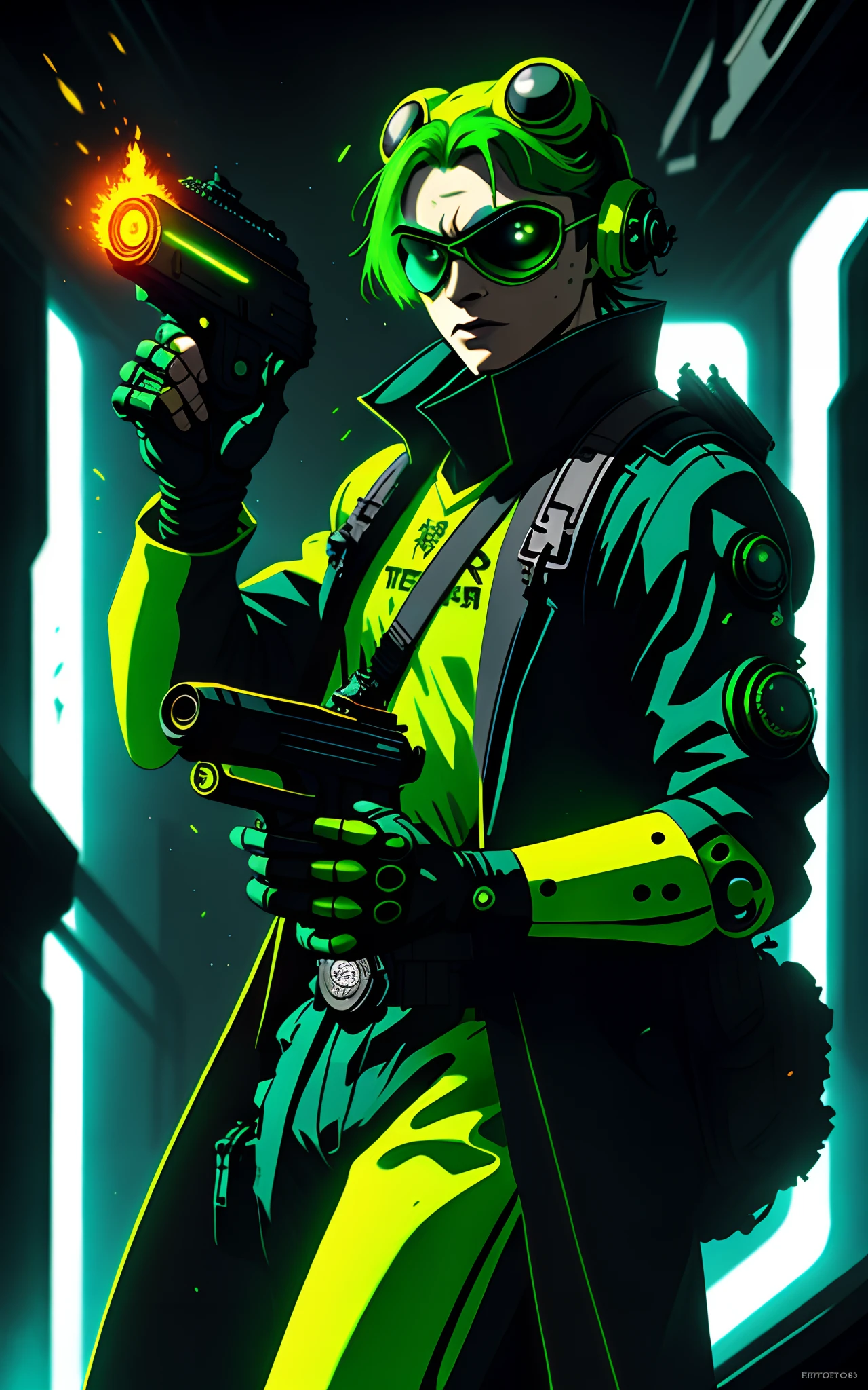 A frog character in a cyberpunk costume fires a pistol, Monochromatic, High contrast, Agbraeotype, Sci-fi