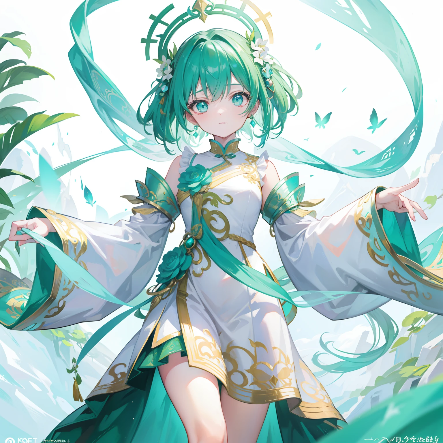 A titled Douluo with multiple green soul rings，It's a beautiful sister，Turquoise and emerald white color scheme，Known as the plant fairy