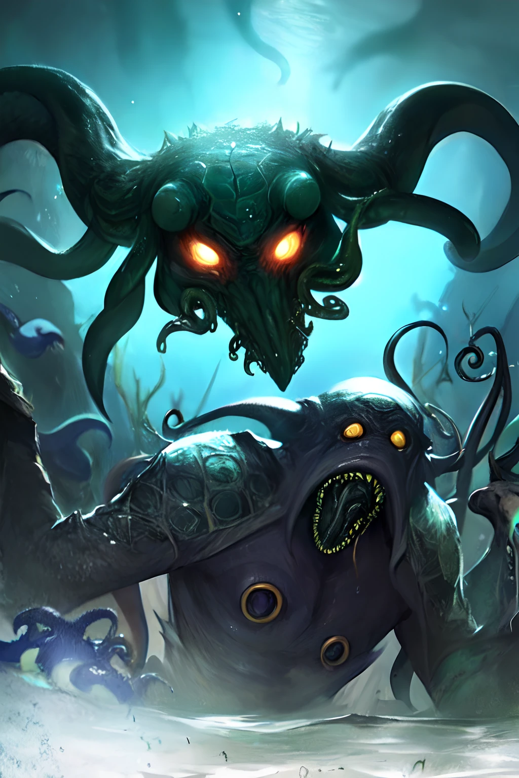 Cthulhu,Monster,(tentaculata:1.35),A polluted underwater world,Gloomy picture,(Nuclear contamination:1.35),(face:1.35),sarcoma