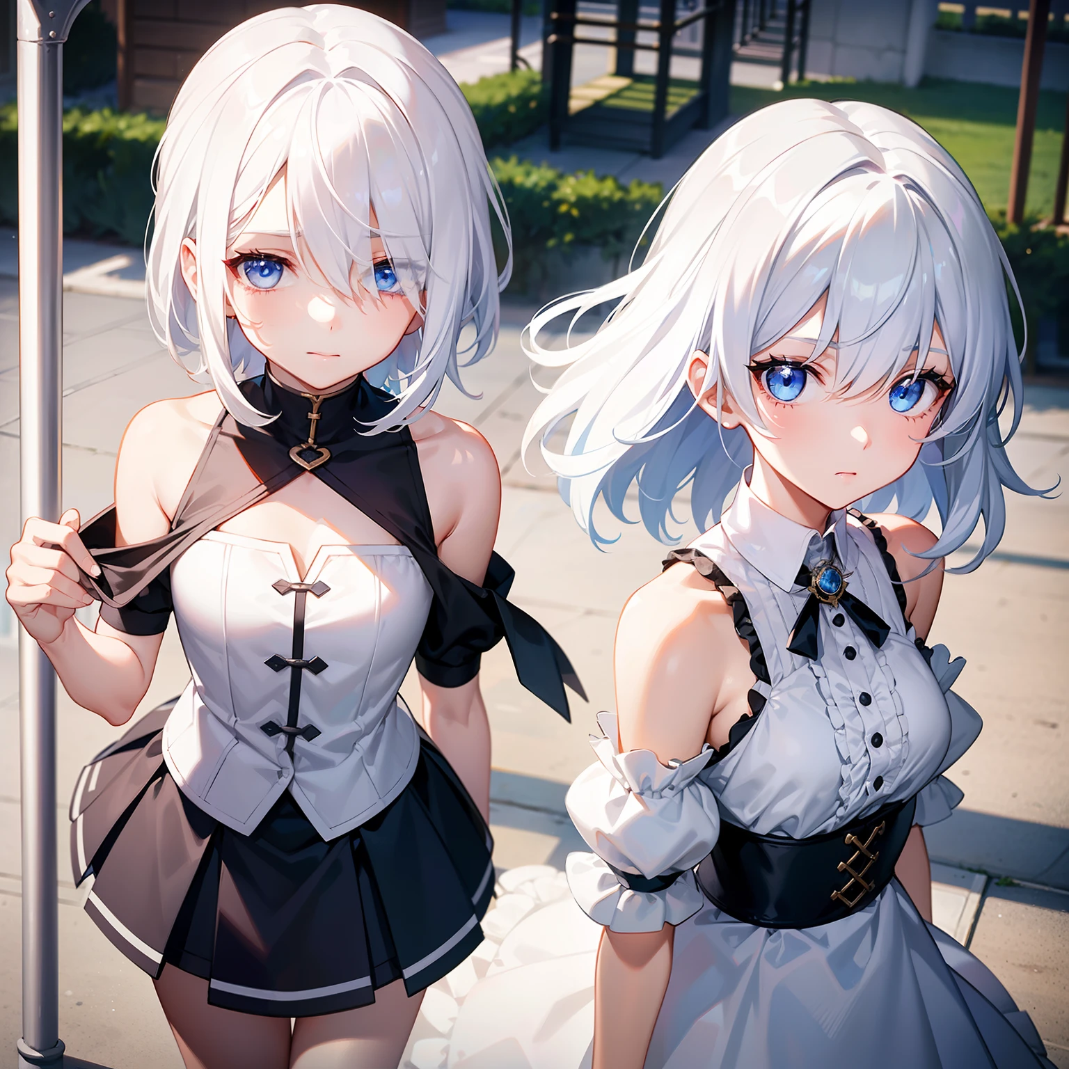 Ultra HD,Look at the viewers, Put your hands behind your back, With a girl, 20-year-old, 非常にShort Hair, Long bangs between the eyes, Pale blue eyes, Very detailed,(masterpiece、Highest quality),Gray Hair、Laughter、Fantastic, Silver Hair, Iris, Short hair、 Fluttering Hair、Small Face、明るいsmile、(Detailed face) ,Professional Lighting,Wonderful landscape,blue sky, sunlight,Looking down from above,Portraiture、Open your mouth、Flower Field、Her eyes were shining、Mysterious and enchanting atmosphere。With AI Painting、とてもShort Hair, Long bangs between the eyes, Very detailed,(masterpiece、Highest quality)、alone、Gray Hair、Fantasy, Silver Hair, Fantasyな風景、White shirt、smile、Open your mouth、short hair、Short Hair、hairpin、black eye、Grey Eyes、Beautiful Eyes、