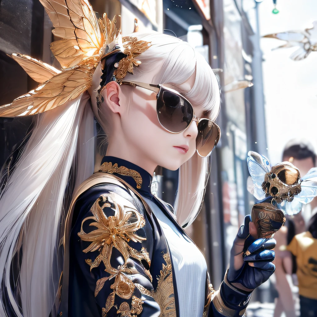 baton，Transparent wings，Magic wand，Wear thick gold-framed reflective sunglasses，32K（tmasterpiece，k hd，hyper HD，32K）Burgundy double ponytail，The Silver Skull Jewelry District in the backstreets，Indigo Skull King ，Skeleton protector （The skeleton is realistic：1.4），Skull pattern robe，Silver skull flower ornaments，Petals flutter，Colored ball head，Hold your head high，Be proud，The nostrils look at people， A high resolution， the detail， RAW photogr， Sharp Re， Nikon D850 Film Stock Photo by Jefferies Lee 4 Kodak Portra 400 Camera F1.6 shots, Rich colors, ultra-realistic vivid textures, Dramatic lighting, Unreal Engine Art Station Trend, cinestir 800，Hold your head high，Be proud，The nostrils look at people，Tsundere，Petals flutter，Petals flutter，Sprinkle with gold dust，Fluttering，Impeccable，( reasonable design, Clear lines, High sharpness,Best quality, Very detailed skeleton, The skeleton of a masterpiece, offcial art, movie light effect, 4K skeleton（（（Wear thick gold-framed reflective sunglasses）））Transparent wings，（baton）（Baton in hand）（Giant stick）baton，