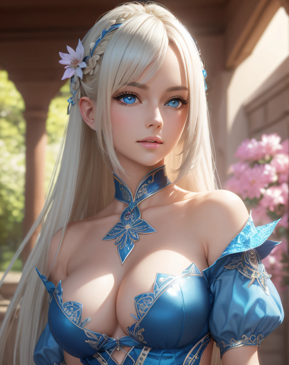 (Best quality, 8k, 32k, Masterpiece, UHD:1.2), (realistic:1.5), (masterpiece, Extremely detailed CG unity 8k wallpaper, best quality, highres:1.2), (ultra detailed, UHD:1.2), (cowboy shot:1.3), BREAK, 1flower fairy, (wearing a fairy costume:1.3), bright expression, shiny white shiny skin, Best Looks, ultimate beauty girl, BREAK, (Platinum blonde hair with dazzling highlights, pony-tail hair style:1.3, shiny light hair, silky straight hair, Beautiful bangs that shine), BREAK, Glowing crystal clear attractive blue eyes, Very beautiful nice cute, Lush bust, at flower garden, pasted paper, paper collage, layered compositions, varied textures, abstract designs, artistic juxtapositions, mixed-media approach, Masterpiece, best quality, captures a super cute moment, depth of field, ultra detailed, ultra high resolution, C4D, Octadale, 3D modeling, 8k, 16k.,high_school_girl
