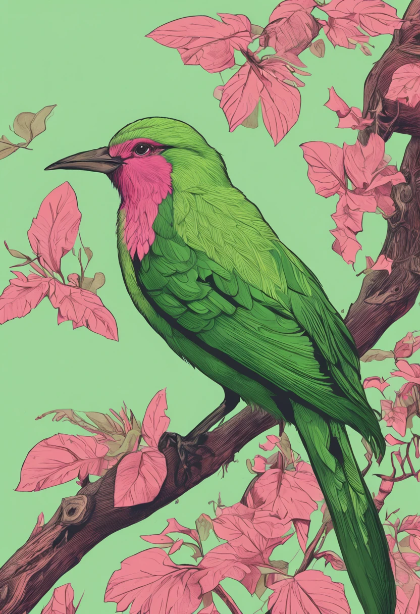 green bird perched on a branch with pink paper, in the style of hyperrealistic illustrations, grandeur of scale, junglecore, red and green, historical illustrations, elongated forms, flamboyant