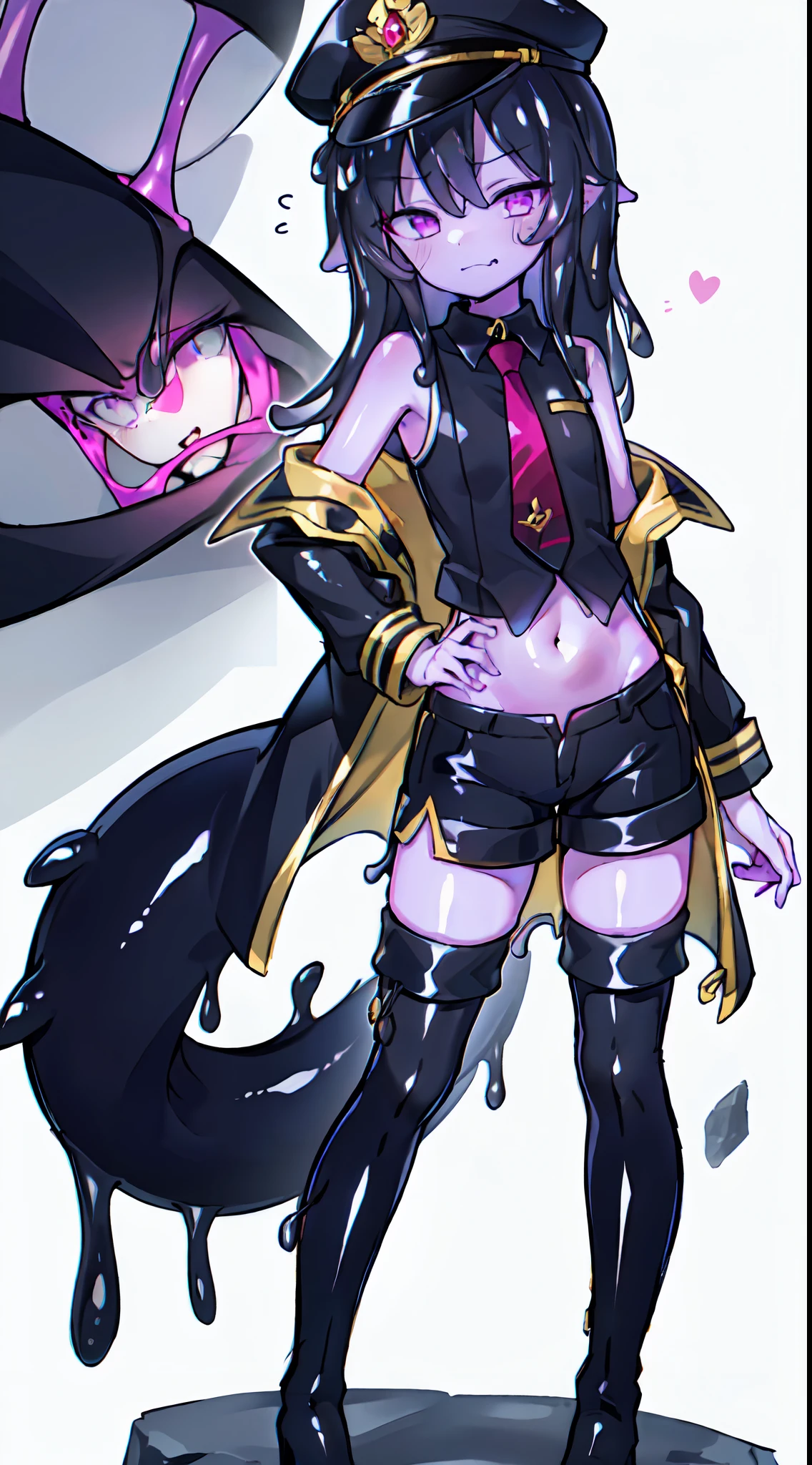 (masterpiece, sidelighting, finely detailed purple eyes: 1.2), ((Best quality)), ((masterpiece)), (highly detailed:1.3), small chest, masterpiece, best quality, highres, 1girl, (black hair, messy hair, super long hair, pink highlights), black peaked cap, sharp eyes, glowing eyes, smug face, long coat, (thigh-high boots, low heels, red lines on boots), black fancy shorts, (sleeveless black shirt with closed neck), yellow tie, visible stomach, standing on rock, gray background,