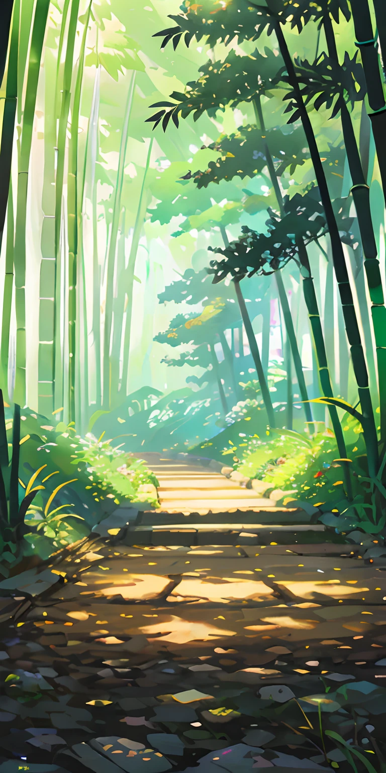 jpn、bamboo forrest、Dazzling light、（illustratio：1.0）、Epic composition、Realistic lighting、high definition detail、tmasterpiece、Best quality，（非常详细的 CG 统一 8k 壁纸）