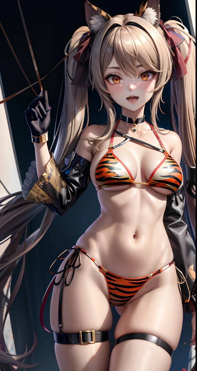 a 1girl, ass big, strap, dynamicpose, tmasterpiece, beste-Qualit, realisti, land, Sun light, 1 Animal Girl_animal ears_Arc printing_Back Back Bikini Chest Brown_hairsh, buttocks_Crack Cat_Cat's ears_Chinese tail_Zodiac choker claw_Elbow Pose_Fake gloves_animal_Colmillo's ears from_Below Guantes' Hair_Swaying hair_Ornament Halterneck Arrodillado long_A look at the hair_at_Low visibility_Medium twintails_The chest is new_The year is open_The mouth is orange_Bikini orange_Choker Orange_Orange gloves_Hips outside_Border Printing_ Bikini with print_Choker print_Printing gloves_thights, The thighs are red;_Side tie for eye shadow_bikinis_Bottom trim_Fang solo swimsuit tail thigh tiger_Year of printing Twintails_de_the_stalk