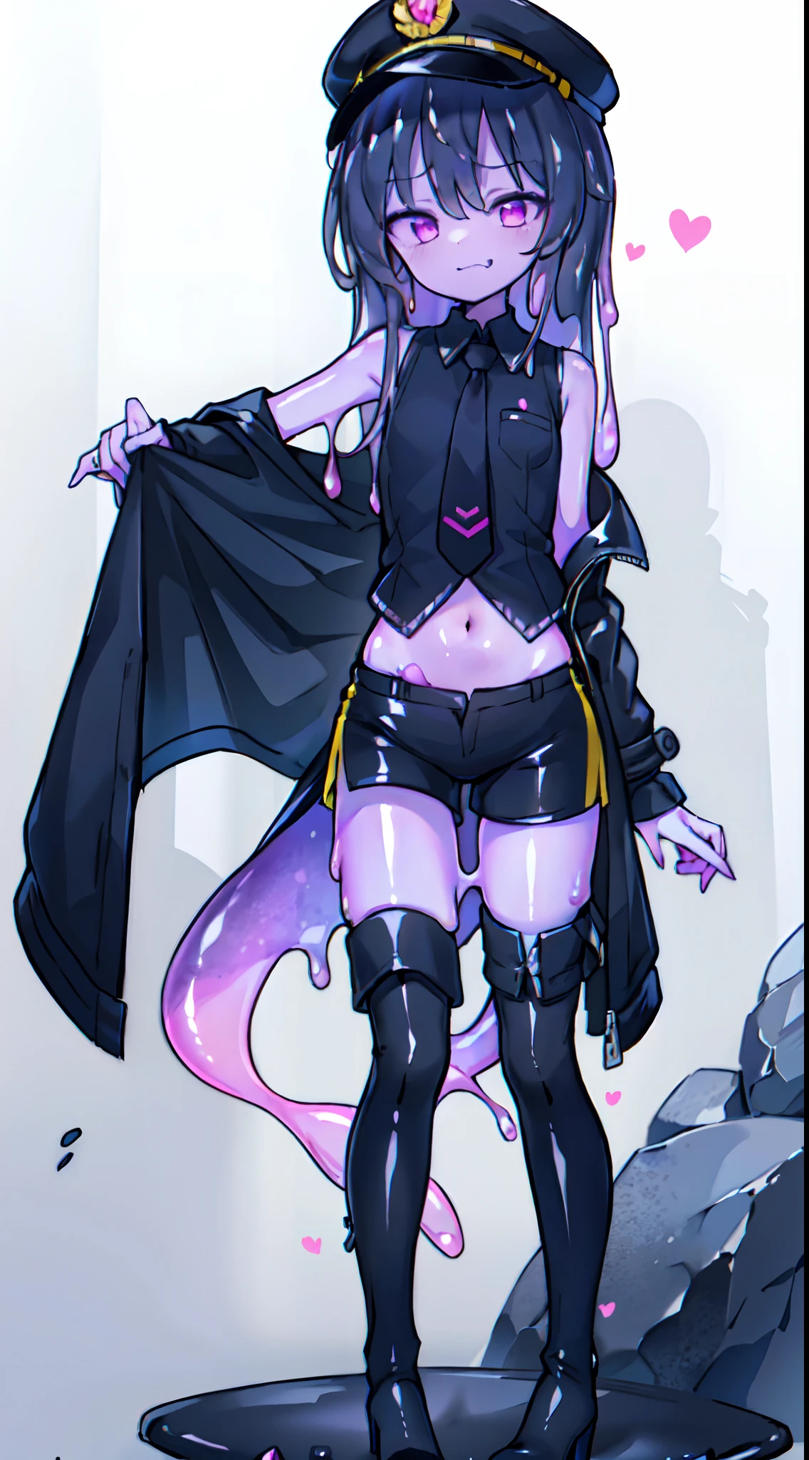 (masterpiece, sidelighting, finely detailed purple eyes: 1.2), ((Best quality)), ((masterpiece)), (highly detailed:1.3), small chest, masterpiece, best quality, highres, 1girl, (black hair, messy hair, super long hair, pink highlights), black peaked cap, sharp eyes, glowing eyes, smug face, long coat, (thigh-high boots, low heels, red lines on boots), black fancy shorts, (sleeveless black shirt with closed neck), yellow tie, visible stomach, standing on rock, gray background,