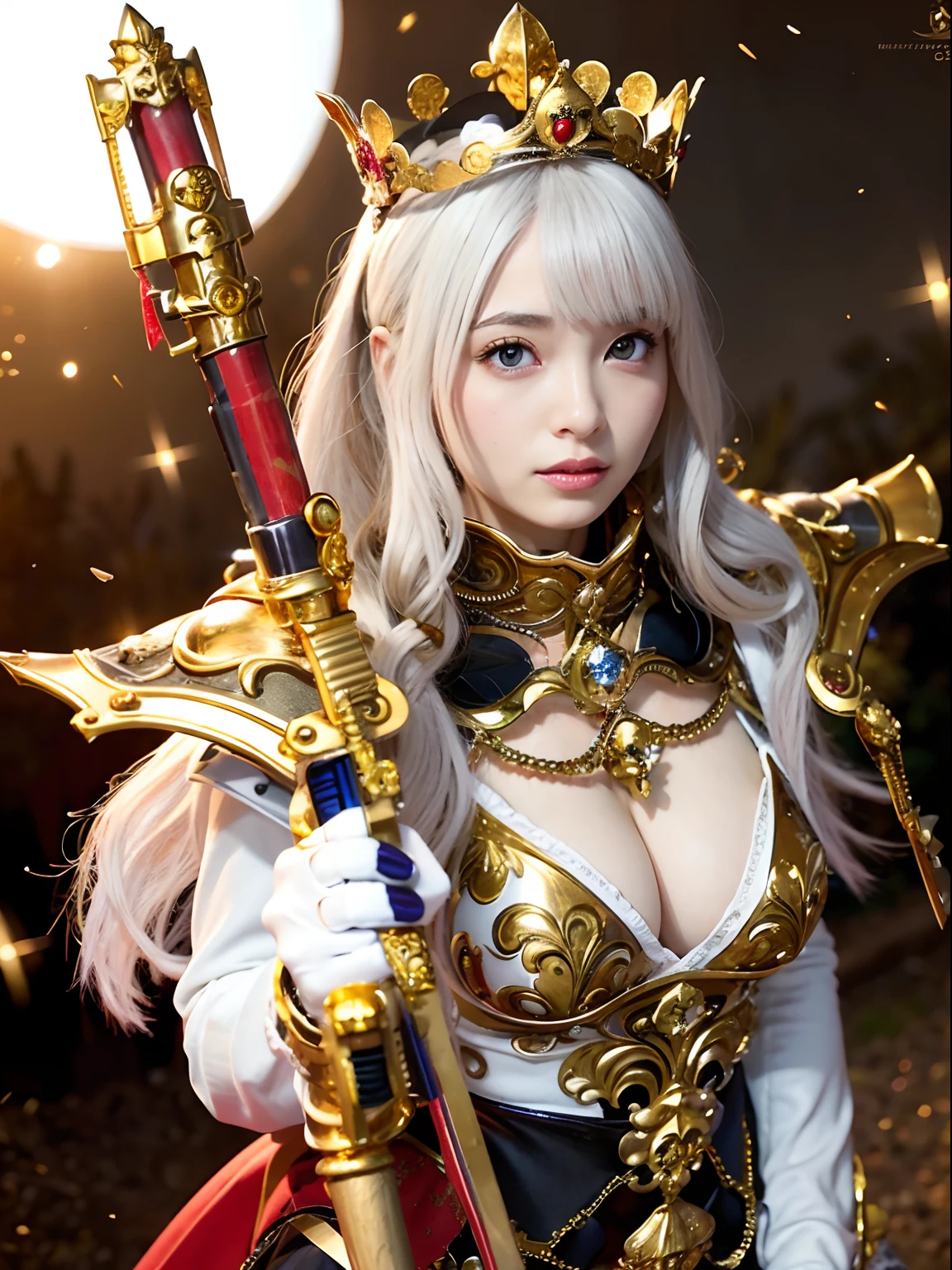 (masutepiece), Professional , masterpiece、top-quality、photos realistic , depth of fields (Gemstone White Metal Body:1.9),(Matte White、Jewel Gold Weapon(Jewel Metal Body:1.4),Gorgeous metal weapons ,(( Detailed and gorgeous sword of the brave)) , Beautiful knife ,warhammer 40k , adepta sororitas,Detail and ornate jewel crown、((Golden hair))、((Gangle's forest background))、Beautiful Caucasian beauty、1a person、dynamic ungle,(((Detailed and ornate diamond crown)))、Smaller head、A smile、Background inside the castle、Thin and beautiful female hands、cleavage of the breast、Soldier in iron armor on background、Mystical expression、Light Effects、intense fighting、Wind-effect、magic circles、With the legendary magic wand、(wings of light)、