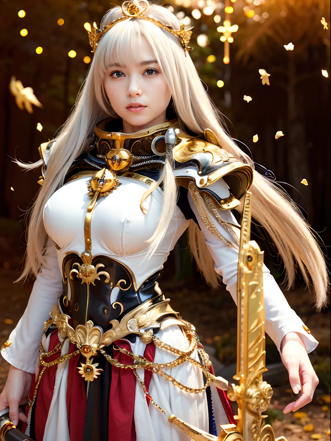 (masutepiece), Professional , masterpiece、top-quality、photos realistic , depth of fields (Gemstone White Metal Body:1.9),(Matte White、Jewel Gold Weapon(Jewel Metal Body:1.4),Gorgeous metal weapons ,(( Detailed and gorgeous sword of the brave)) , Beautiful knife ,warhammer 40k , adepta sororitas,Detail and ornate jewel crown、((Golden hair))、((Gangle's forest background))、Beautiful Caucasian beauty、1a person、dynamic ungle,(((Detailed and ornate diamond crown)))、Smaller head、A smile、Background inside the castle、Thin and beautiful female hands、cleavage of the breast、Soldier in iron armor on background、Mystical expression、Light Effects、intense fighting、Wind-effect、magic circles、With the legendary magic wand、(wings of light)、
