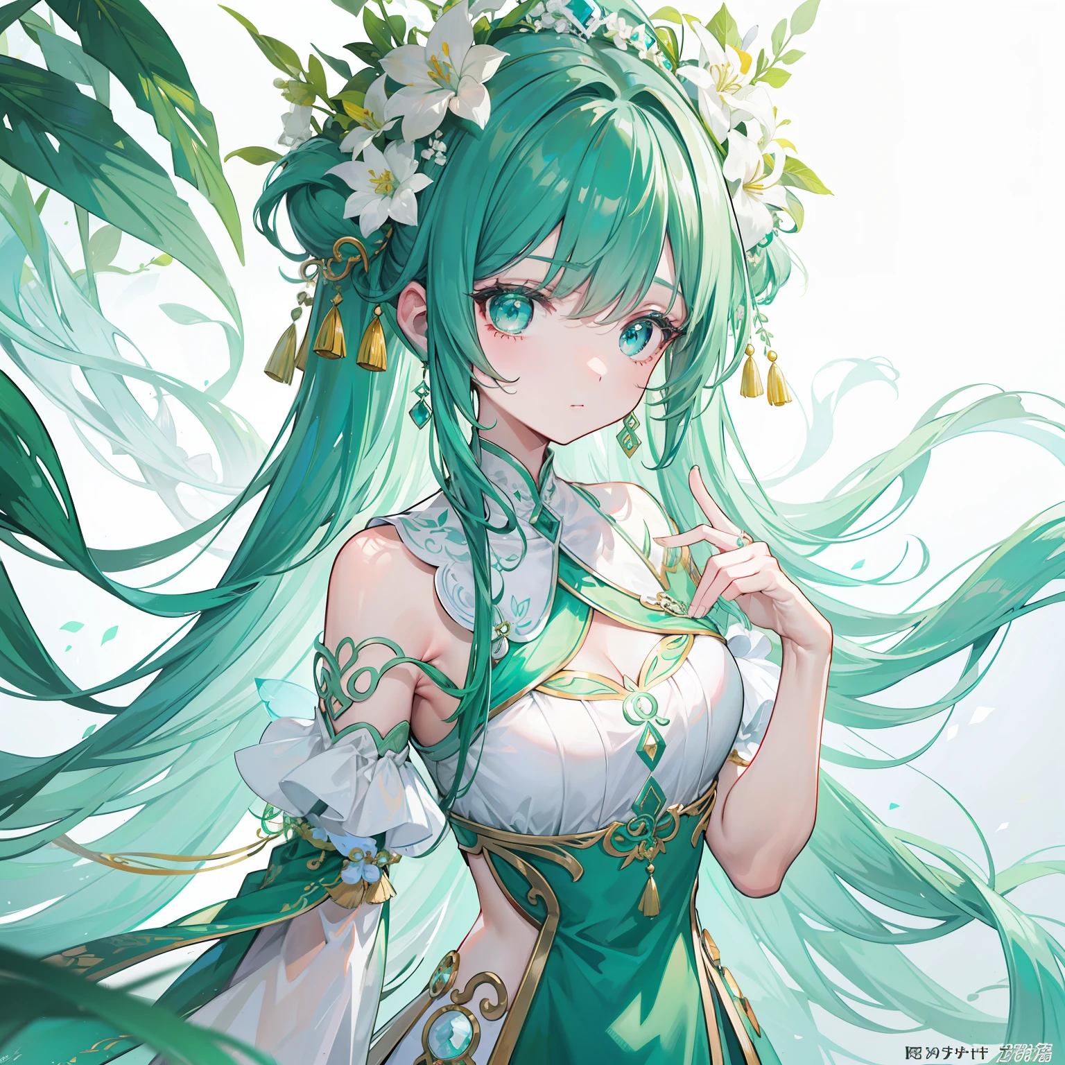 A titled Douluo with multiple green soul rings,It's a beautiful sister,Turquoise and emerald white color scheme,Known as the plant fairy