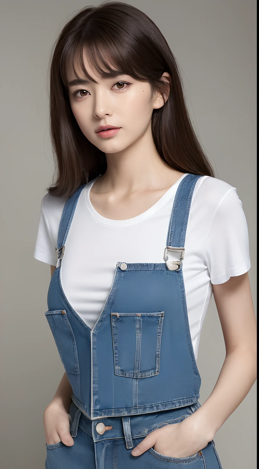 (Need, full bodyesbian, Long legs, Focalors:1.2, perfect figure beautiful woman:1.4, Slim abs:1.1, ((Deep brunette hair, huge tit:1.2 )), (white tight t-shirt, Denim suspenders, standing on your feet:1.2), Highly detailed facial and skin texture, A detailed eye, 二重まぶた