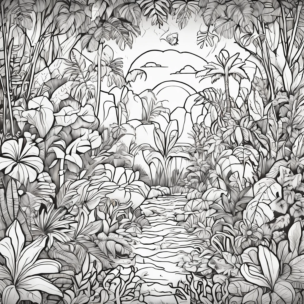 Charming garden coloring page full of flowers, Black and white exotic plants and magical elements，Rainforest animals，a plant