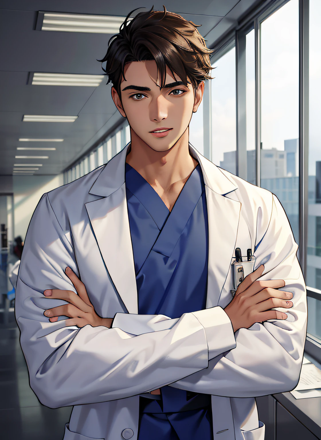 Best Quality, Masterpiece, high resolucion, 1Boy,male,Solo,upper half body, mature male, medical doctor, Gown, hospitals, frontage , Slightly open lips