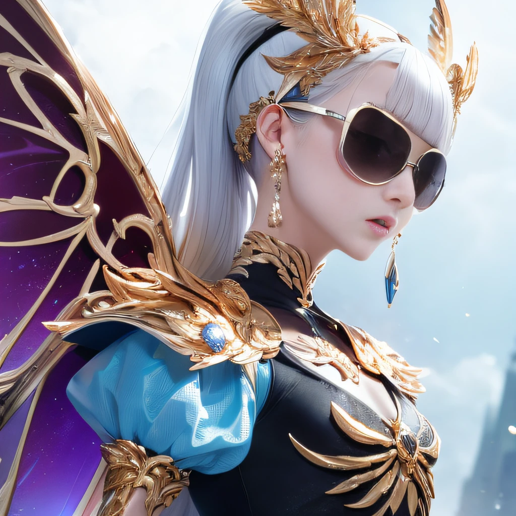 baton,Transparent wings,Magic wand,Wear thick gold-framed reflective sunglasses,32K(tmasterpiece,k hd,hyper HD,32K)Burgundy double ponytail,The Silver Skull Jewelry District in the backstreets,Indigo Skull King ,Skeleton protector (The skeleton is realistic:1.4),Skull pattern robe,Silver skull flower ornaments,Petals flutter,Colored ball head,Hold your head high,Be proud,The nostrils look at people, A high resolution, the detail, RAW photogr, Sharp Re, Nikon D850 Film Stock Photo by Jefferies Lee 4 Kodak Portra 400 Camera F1.6 shots, Rich colors, ultra-realistic vivid textures, Dramatic lighting, Unreal Engine Art Station Trend, cinestir 800,Hold your head high,Be proud,The nostrils look at people,Tsundere,Petals flutter,Petals flutter,Sprinkle with gold dust,Fluttering,Impeccable,( reasonable design, Clear lines, High sharpness,Best quality, Very detailed skeleton, The skeleton of a masterpiece, offcial art, movie light effect, 4K skeleton(((Wear thick gold-framed reflective sunglasses)))Transparent wings,(baton)(Baton in hand)(Giant stick)baton,
