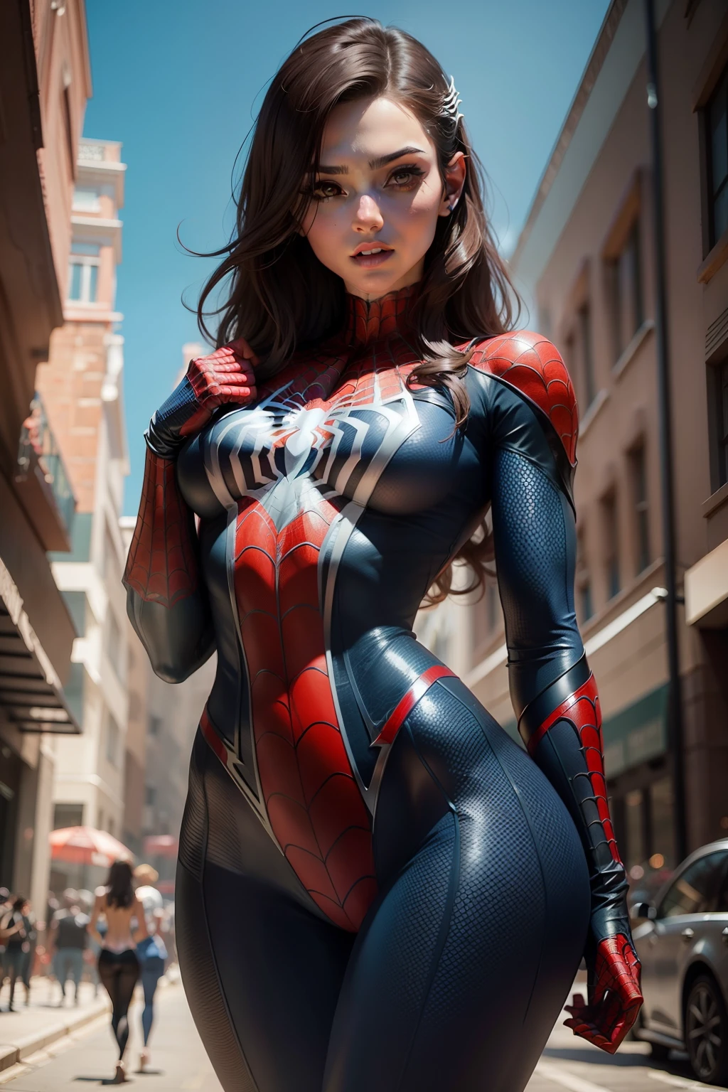 Mature Woman、(masterpiece, Highest quality), Intricate details, 8K, Art Station, wallpaper, Official Art, Splash Art, Glare, 1 Girl, Long Hair, Bowl Cut Hair,((blunt bangs))、 Black Hair,((Spiderman Suit)),Skyscraper, city, building, car, street,((Delicate painting)),(Detailed RAW photos of girls), (Pieces fly:1.25), (Highest quality:1.6), (Ultra-high resolution:1.5), (Photorealistic:1.75), 8K resolution, Canon EOS R5, 50mm, Confused, Very detailed,Cinema Lighting、(((Super big breasts)))、Leg spread、(I can see your abs)、(Nipples)、((Separate suits))、Spider knee-high socks、Sexy pose、spiderman bikini、(Spread your legs、Leg spread)、(((Ripped and tattered suit:1.1)))