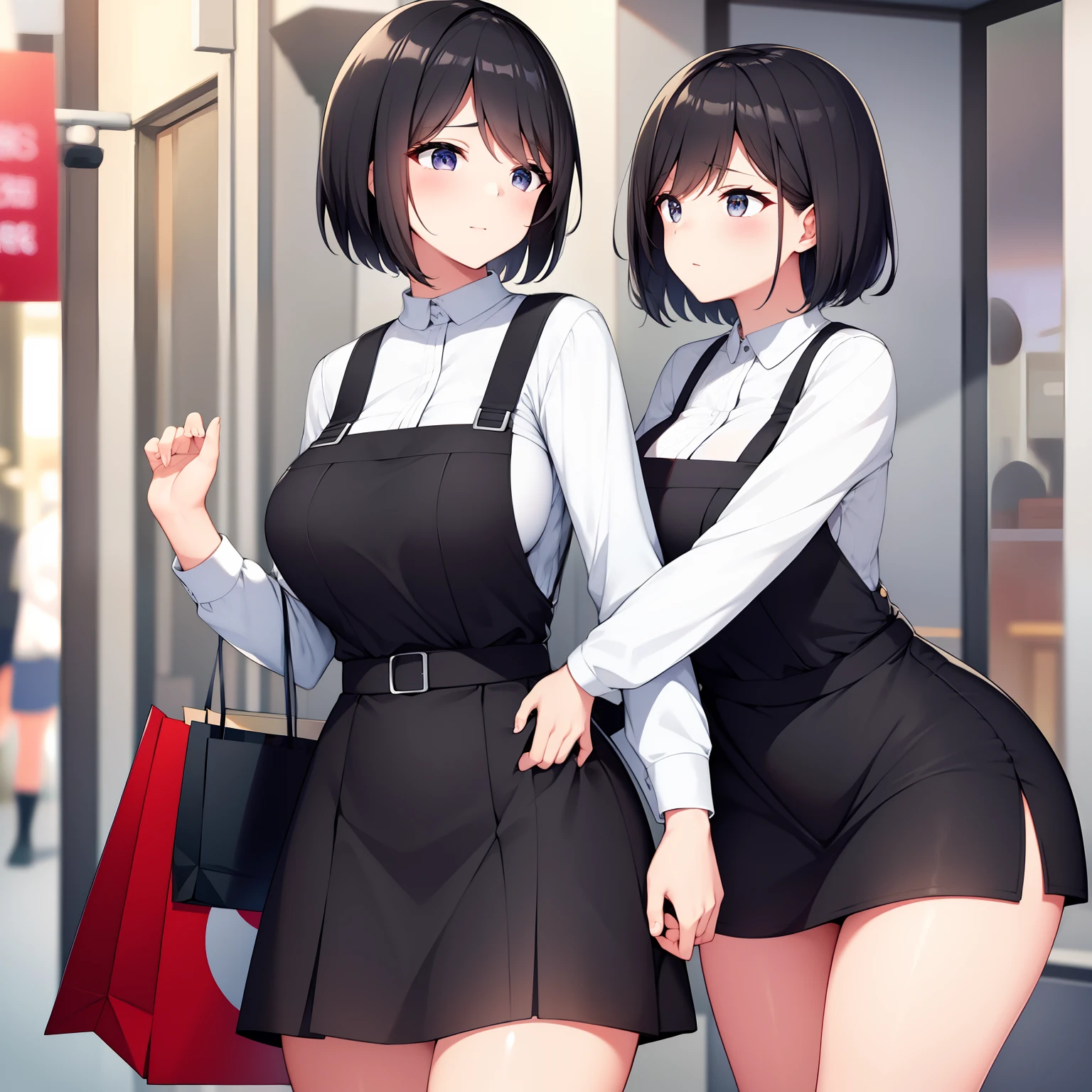 Short black hair、Good style、shopping street、shopping、married woman、pinafore、thighs thighs thighs thighs、big breasts