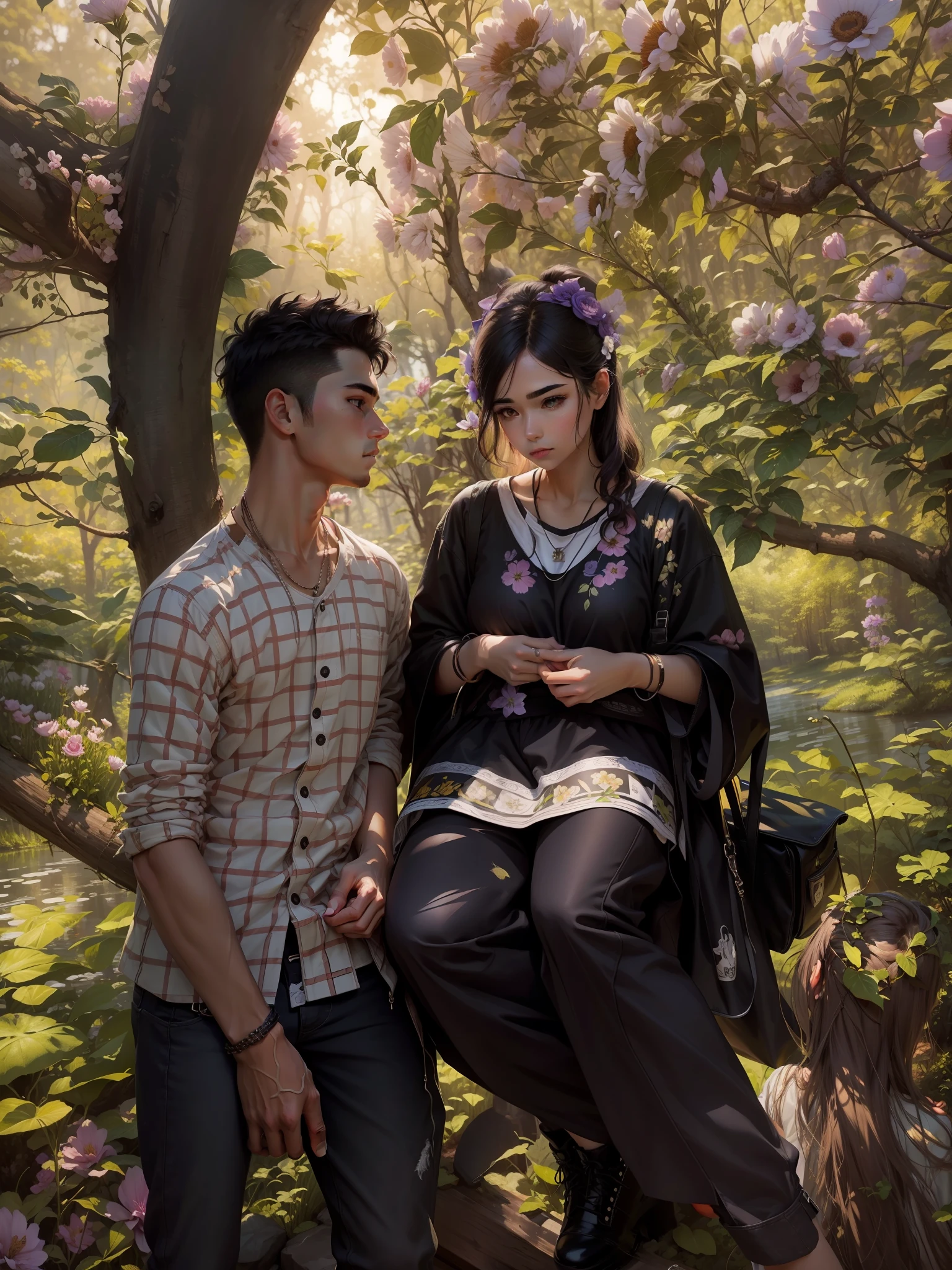 best quality, {best quality}, {{masterpiece}}, {highres}, {field field}, extremely detailed couple, illustration, couple, 1boy, 1girl, couple, love, love, romantic, sharp focus, male focus, female focus, black hair, violet eyes, sun, sunlight, lifting, t-shirts, men's clothes, expressionless, women's fashion, forest, flowers, statement