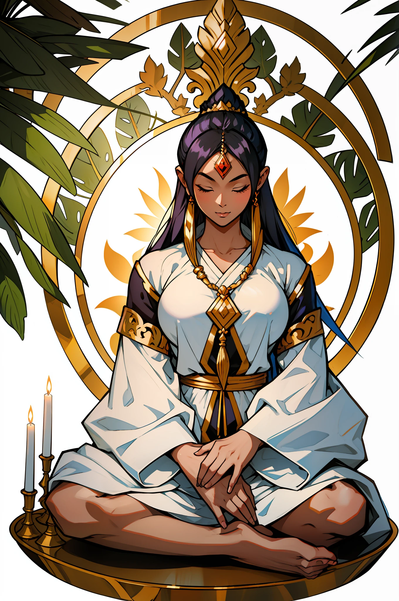 anime style, Southeast Asian, Khmer woman, woman, Khmer, Cambodian, hindu style, spiritual goddess, deity, full body from head to toe, dark chocolate skin tone, hair all down hairstyle, meditation position, seating position, prayer, wearing a grey long hoodie robe dress, white color hair, I want the picture to be complete and accurate, all pure white background scenery, "centered postition",