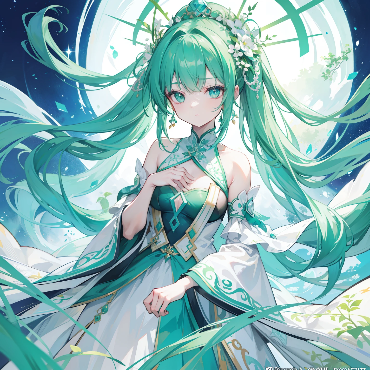 A titled Douluo with multiple green soul rings,It's a beautiful sister,Turquoise and emerald white color scheme,Known as the plant fairy