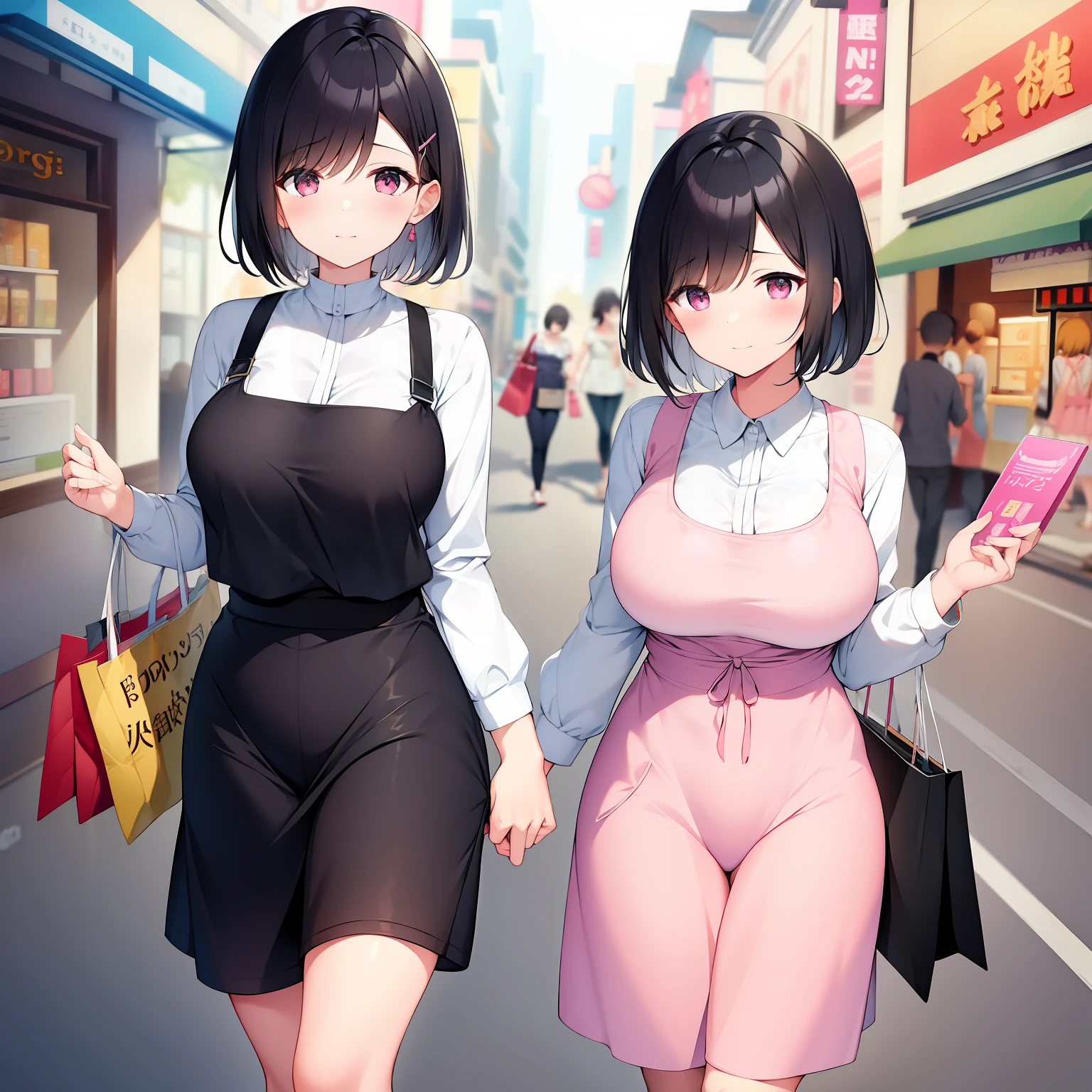 Short black hair、Good style、shopping street、shopping、married woman、Pink Apron、thighs thighs thighs thighs、big breasts、1人、