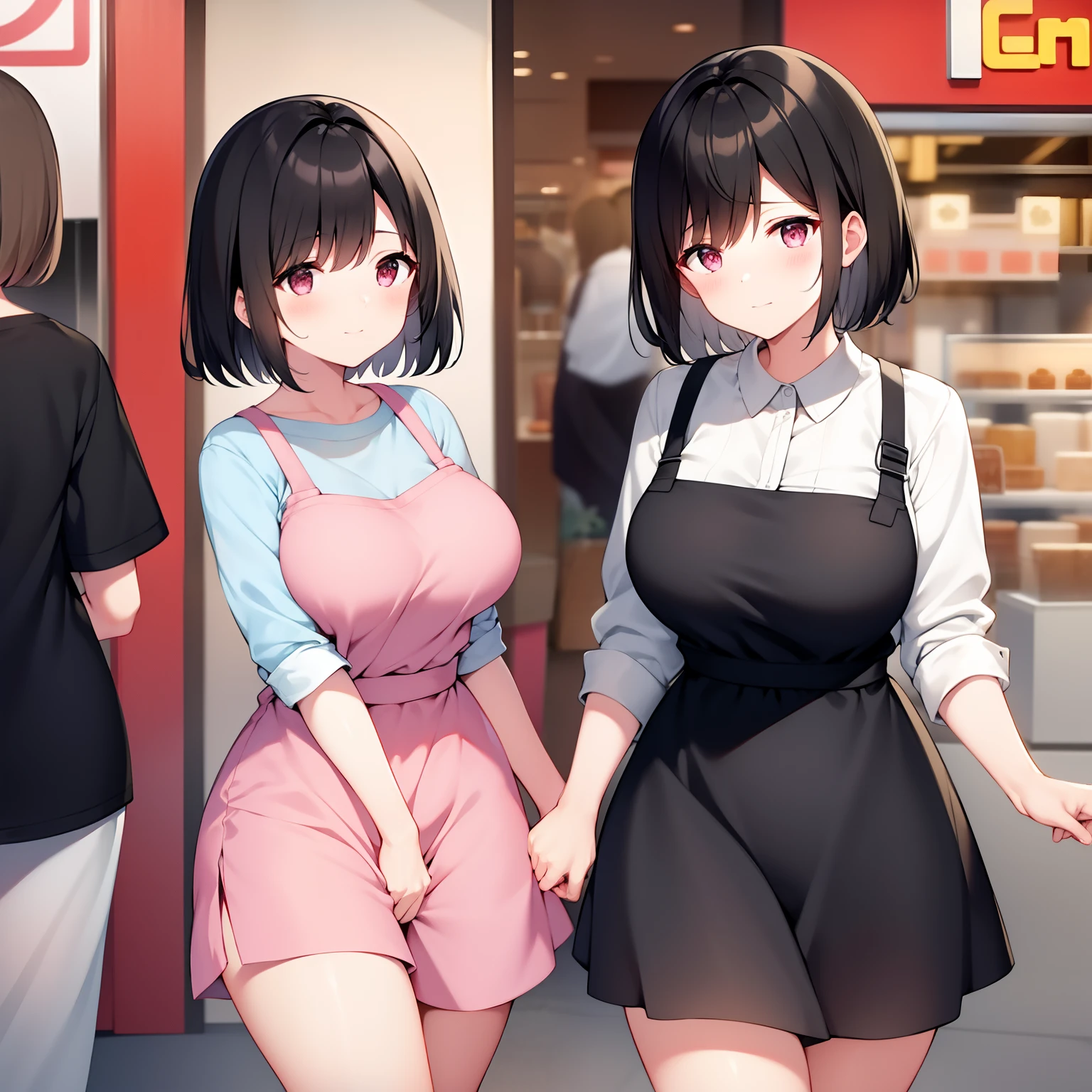 Short black hair、Good style、shopping street、shopping、married woman、Pink Apron、thighs thighs thighs thighs、big breasts、1人、
