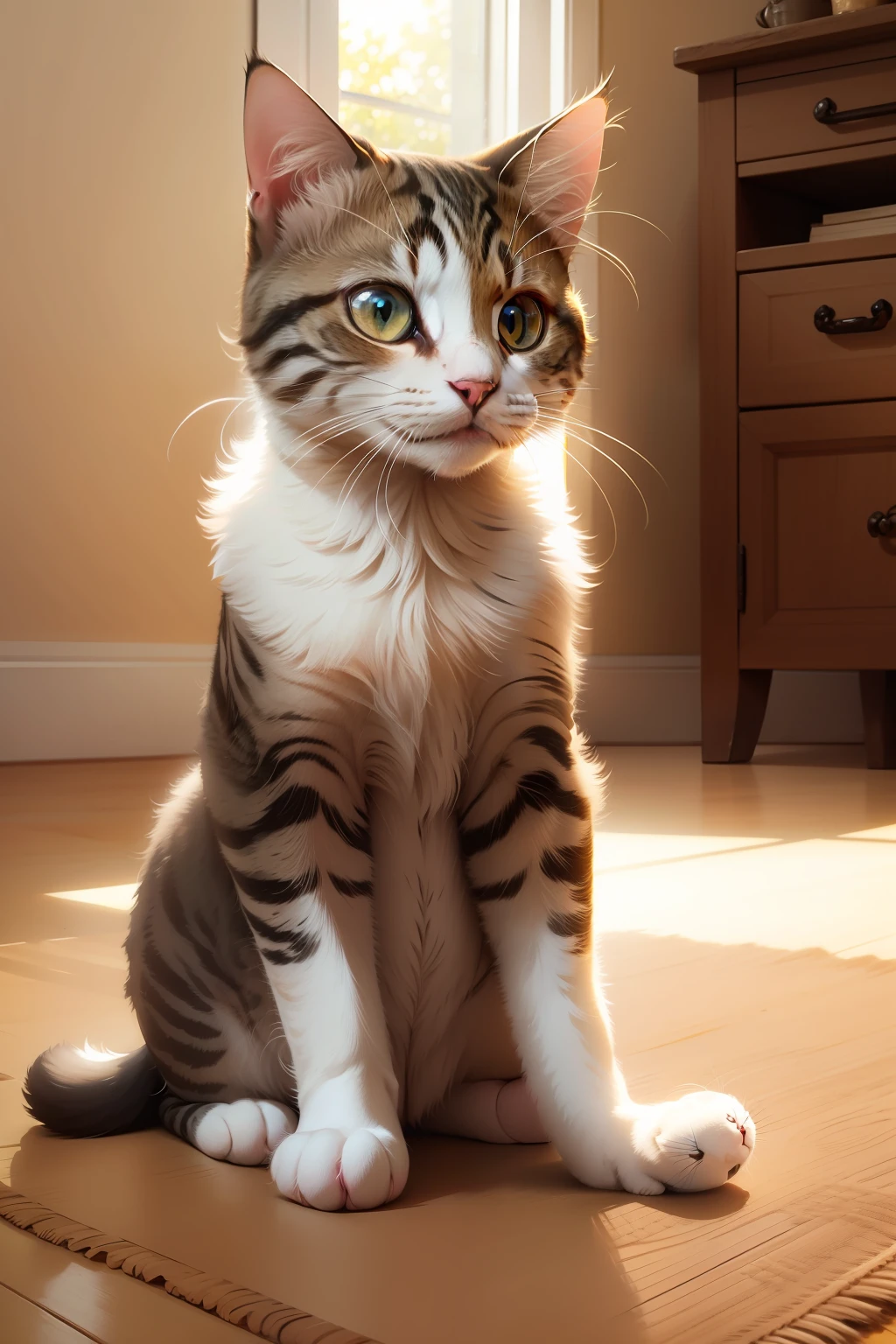 Cute cat was sitting on the floor in the warm sunlight