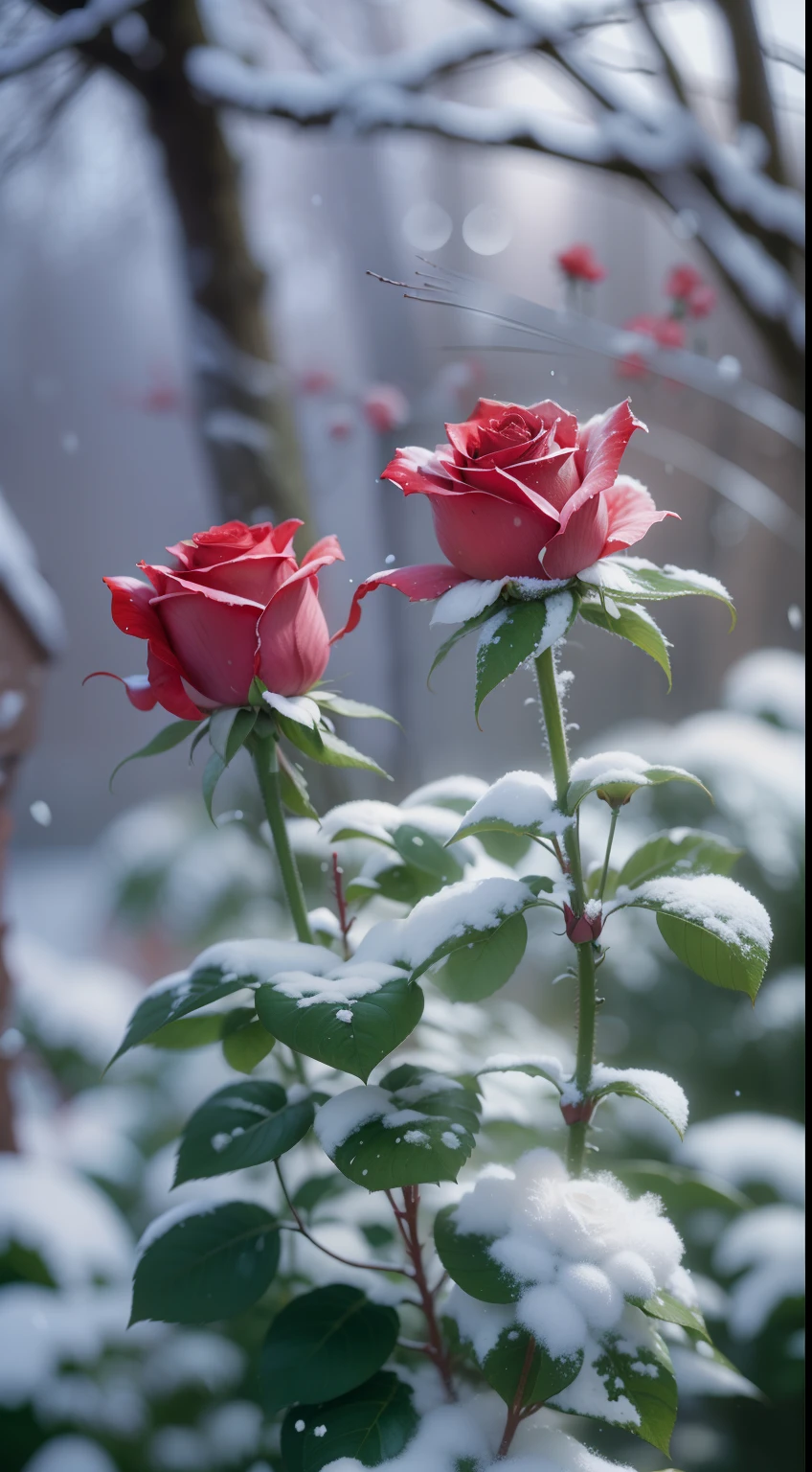 Red roses grow in the bushes, The leaves and petals were covered with dust and snowflakes,shot with a canon 35mm lens, photo of a rose, taken with a pentax k1000, Shot with Pentax 1000, Two 5mm ports, Photographed in Kodak Portera, rose twining, Red rose, 35mm shot