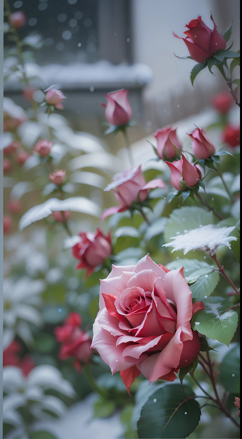 Red roses grow in the bushes, The leaves and petals were covered with dust and snowflakes,shot with a canon 35mm lens, photo of a rose, taken with a pentax k1000, Shot with Pentax 1000, Two 5mm ports, Photographed in Kodak Portera, rose twining, Red rose, 35mm shot
