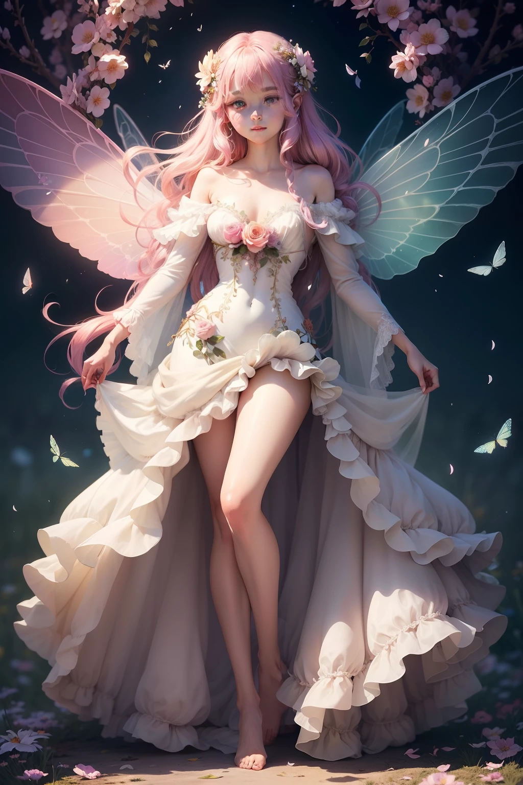 color photo of a Flower Fairy. Delicate and ethereal, the Flower Fairy is a vision of enchantment. With silky, flowing hair adorned with blooms of vibrant colors, it radiates an aura of pure magic. Its slender figure is draped in a gown made of petals, a playful dance of pastel hues that mimic the blossoms of a spring garden. Tiny, translucent wings sprout from its back, shimmering in the sunlight as it flutters gracefully among the flowers. The Fairy's eyes, sparkling like dewdrops, hold a mischievous glimmer, hinting at its playful nature. Its fingertips gently touch the petals of each flower it encounters, as if awakening them to life. Surrounded by a kaleidoscope of blossoms, the Flower Fairy is a living embodiment of nature's beauty and wonder.
