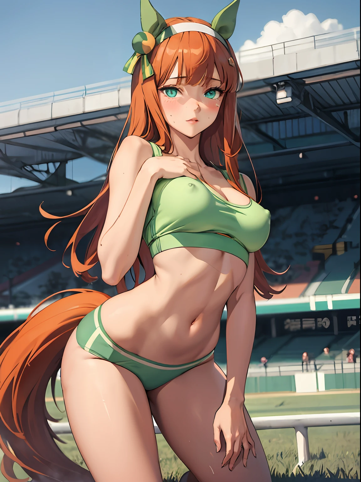 silence suzuka \(umamusume\),(A large-scale masterpiece), Perfect Quality, Perfectly detailed, Computer Graphics Effect, 8k wall paper, beautiful illustration, a beautiful background, dinamic angle, (dynamic pose:1.2), (one girls), Cyan eyes, beatiful face, Beautiful skin, beautiful breasts, medium breasts,erect nipples,tail, A perfect chest, beatiful face, Beautiful body Realistic body, Beautiful butt, Realistic butt, ((NSFW)), ( from below), red blush、all-fours,show off groin、micro green panties,green sports bra, spread legs、Background of the racecourse