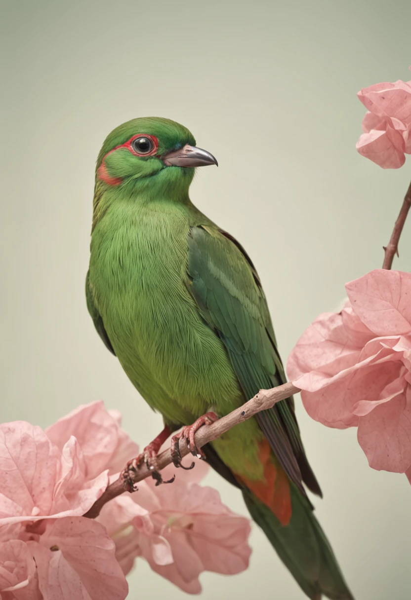 green bird perched on a branch with pink paper, in the style of hyperrealistic illustrations, grandeur of scale, junglecore, red and green, historical illustrations, elongated forms, flamboyant