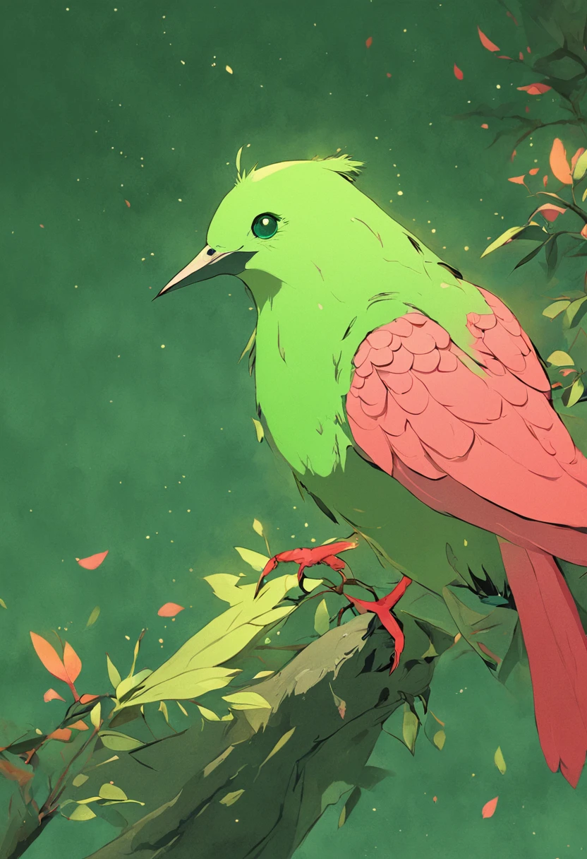 green bird perched on a branch with pink paper, in the style of hyperrealistic illustrations, grandeur of scale, junglecore, red and green, historical illustrations, elongated forms, flamboyant