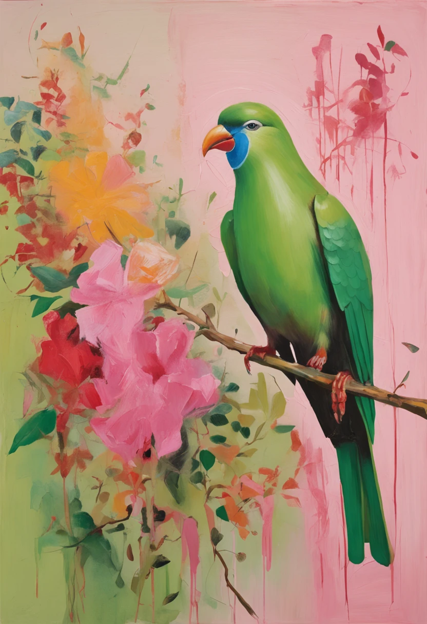 green bird perched on a branch with pink paper, in the style of hyperrealistic illustrations, grandeur of scale, junglecore, red and green, historical illustrations, elongated forms, flamboyant