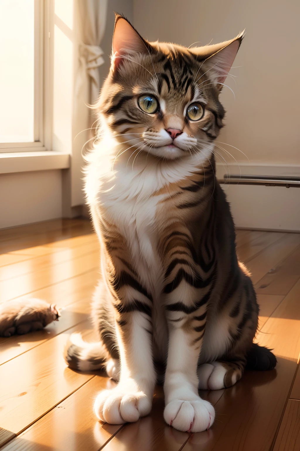 Cute cat was sitting on the floor in the warm sunlight