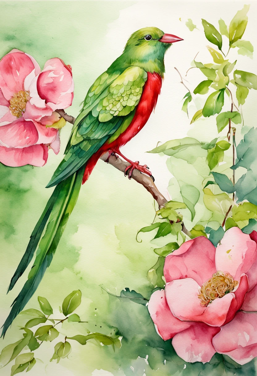 green bird perched on a branch with pink paper, in the style of hyperrealistic illustrations, grandeur of scale, junglecore, red and green, historical illustrations, elongated forms, flamboyant