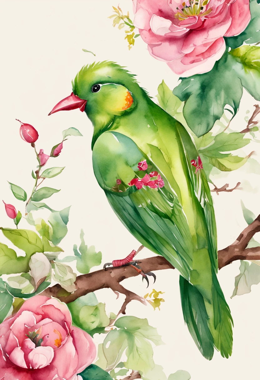 green bird perched on a branch with pink paper, in the style of hyperrealistic illustrations, grandeur of scale, junglecore, red and green, historical illustrations, elongated forms, flamboyant