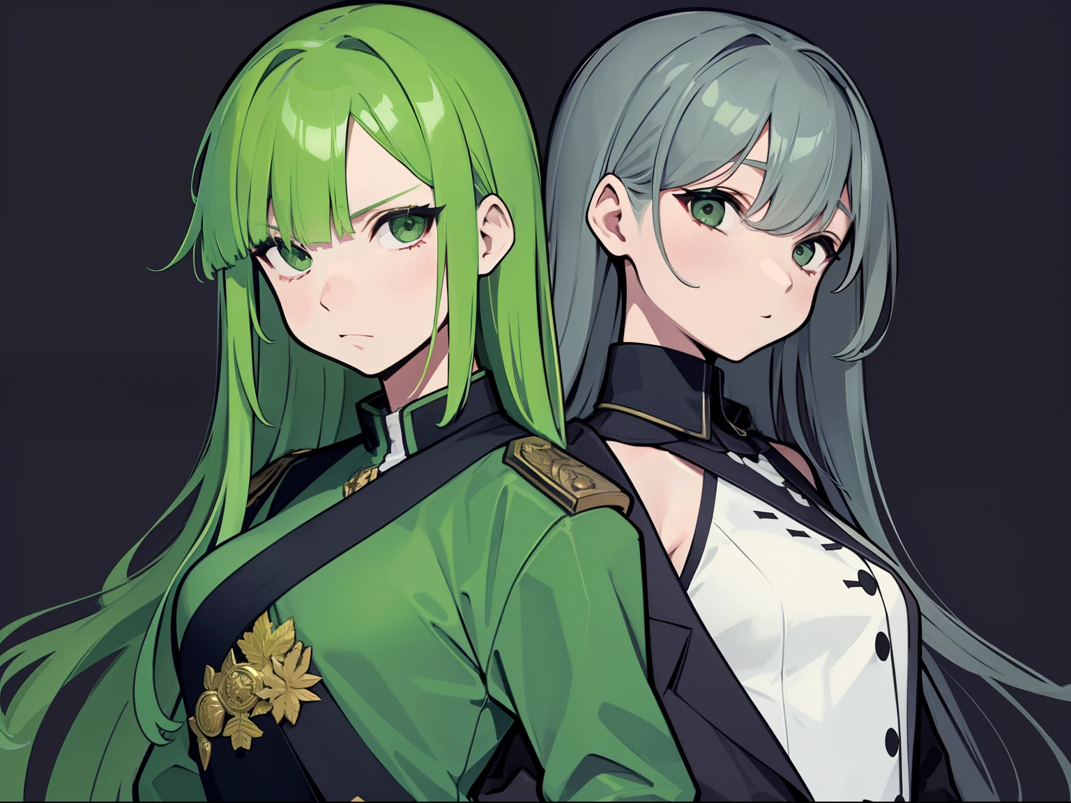 Royal sister，A half body，Green hair，The coat is draped over the shoulders，Gray military uniform，Fighting posture，Hold the knife in both hands，Long sword，orthofacial，Serious expressions