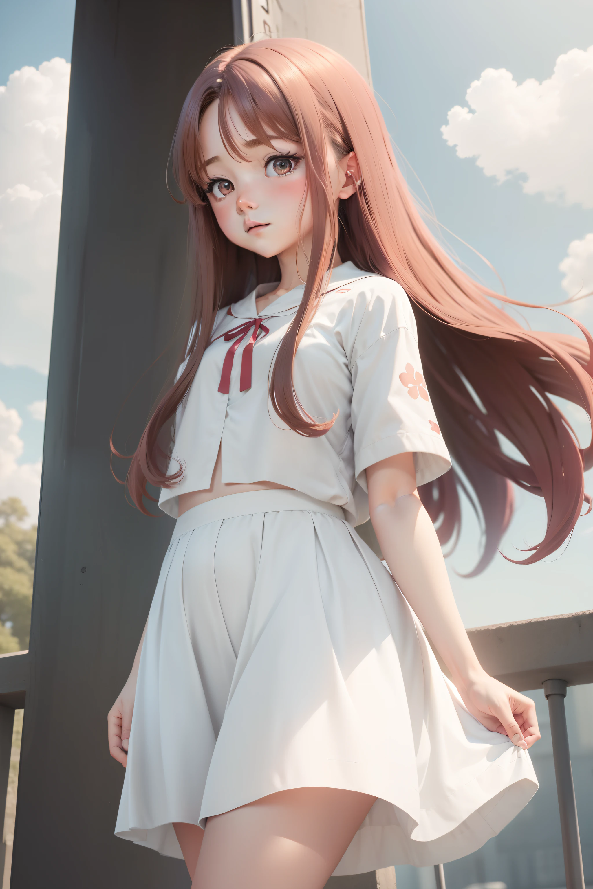 wearing a white skirt,Cover the hem of your skirt with your hands,cheeks slightly red,Long hair is gently blown by the wind,beautiful age girl,4K anime,8K anime
