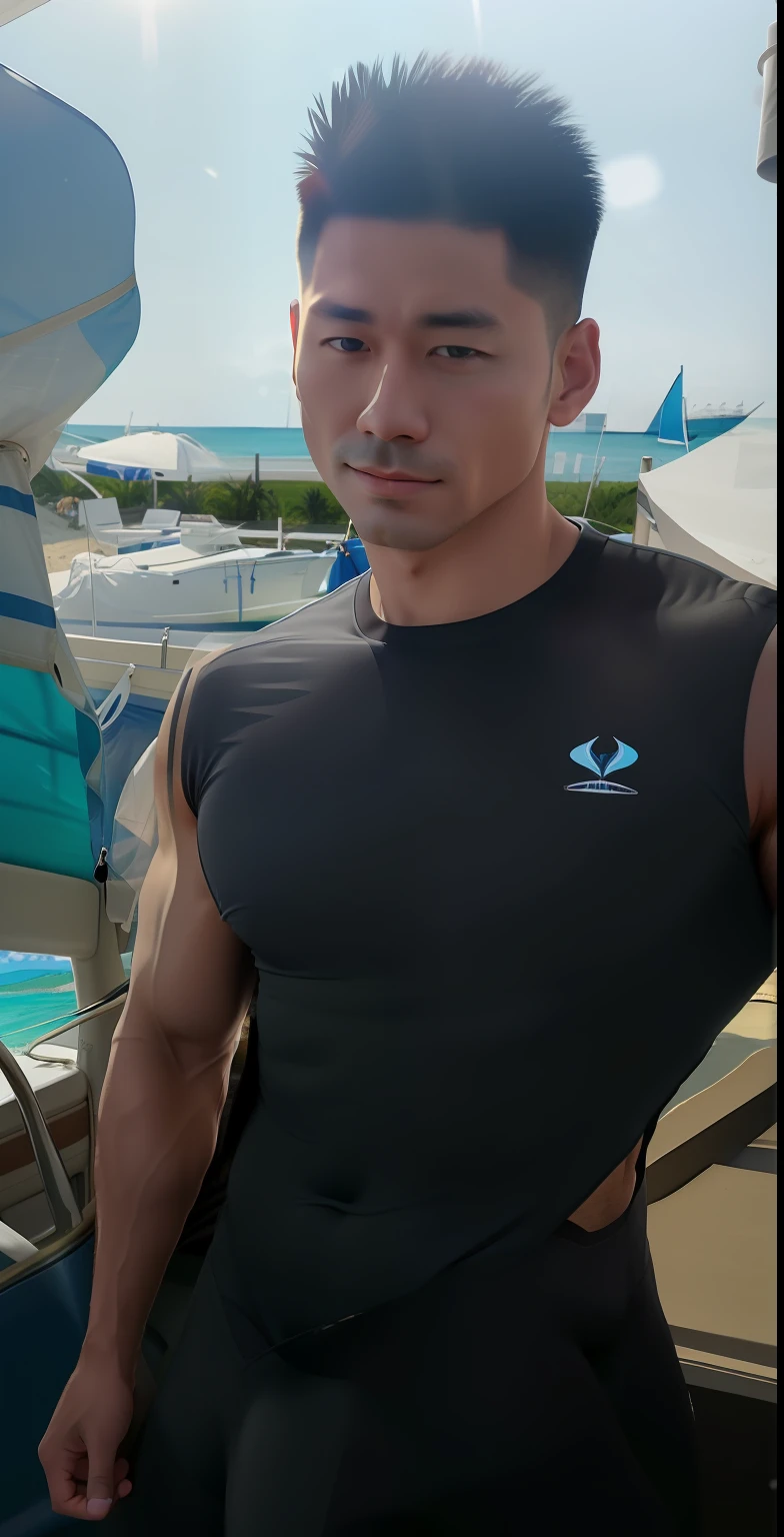 A man,There are abs,Wear translucent sports briefs,Huge bulge,Behind is the sunny sandy beach,There is a sailboat at sea,Cigarette in hand